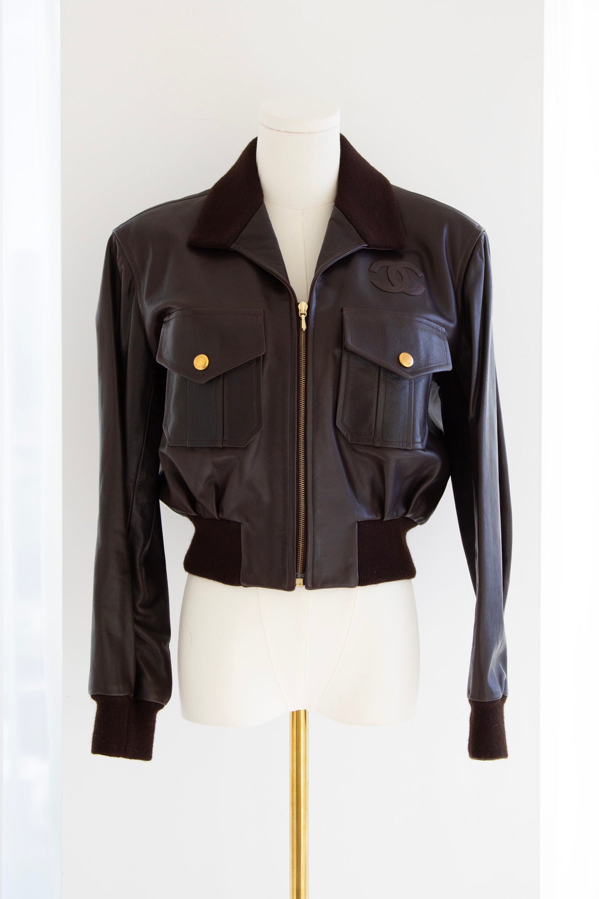 Chanel Spring/Summer 1992 Brown Lambskin Leather Bomber Jacket