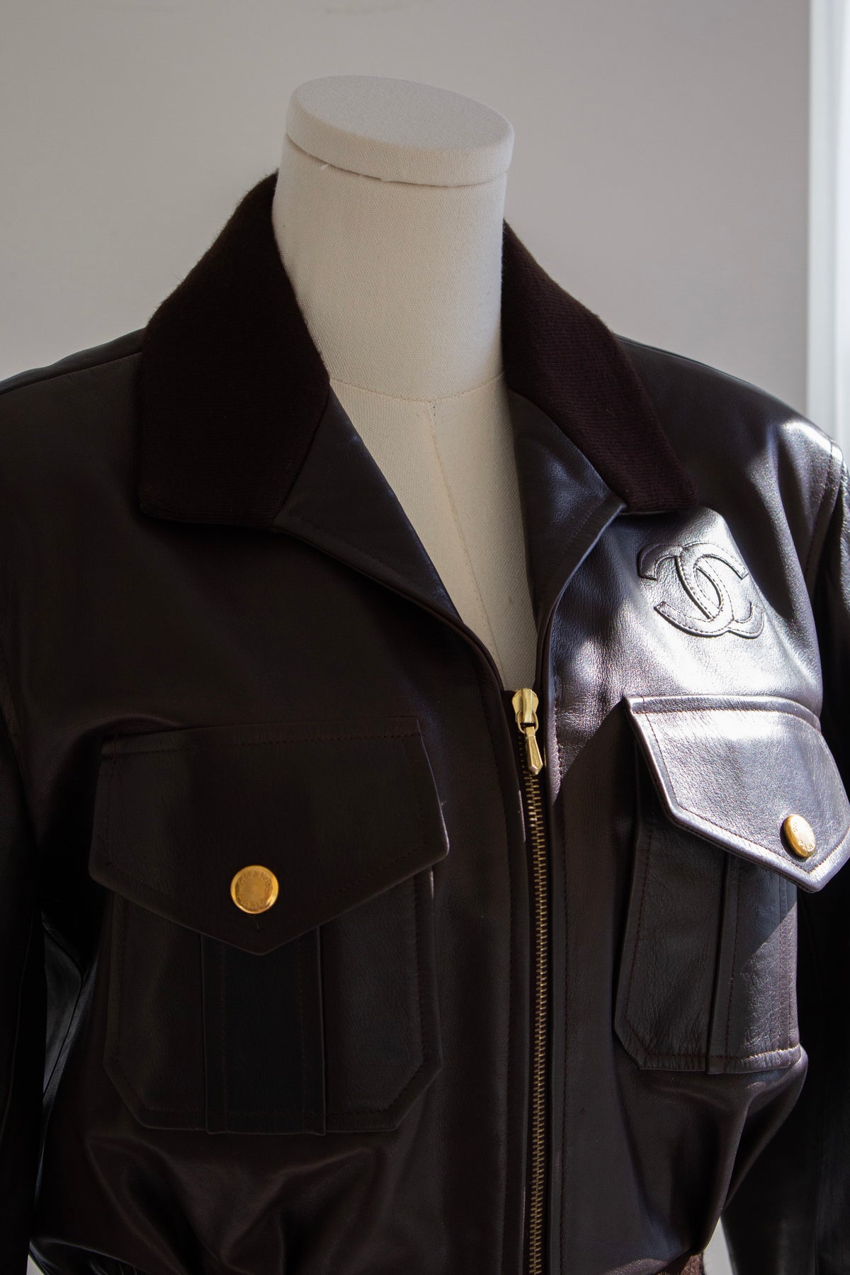 Chanel Spring/Summer 1992 Brown Lambskin Leather Bomber Jacket
