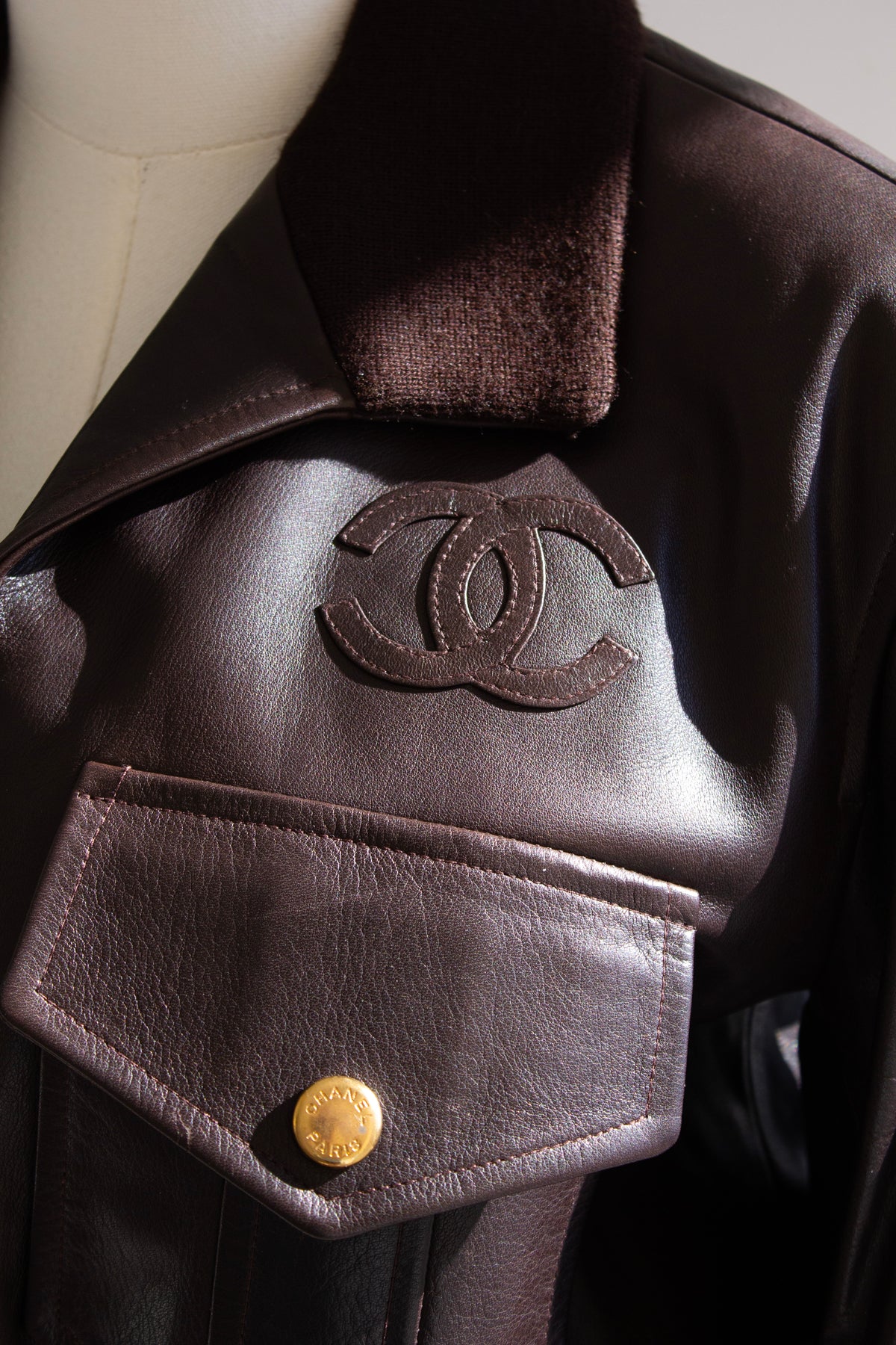 Chanel Spring/Summer 1992 Brown Lambskin Leather Bomber Jacket
