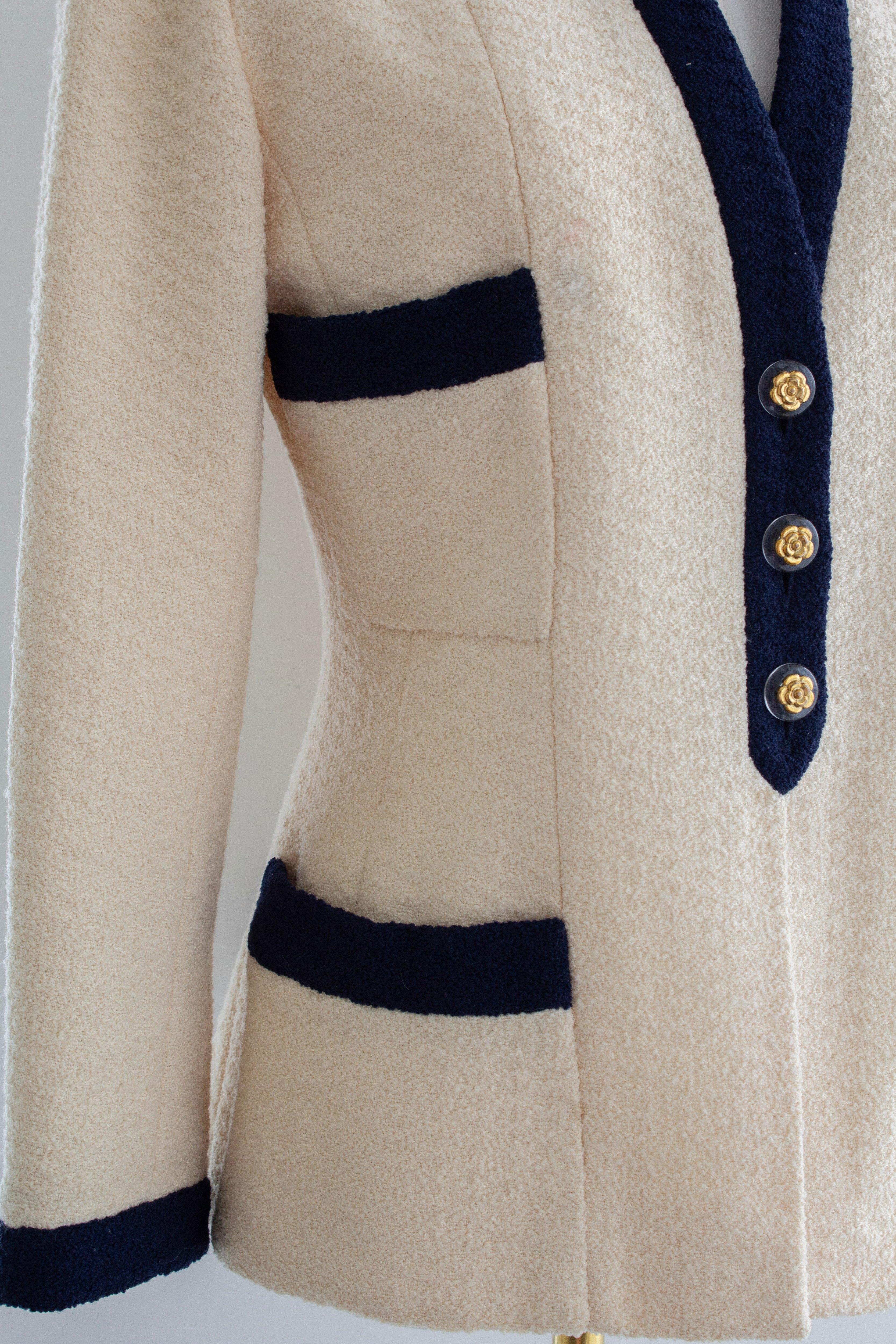 Chanel Vintage S/S 1992 Runway Cream Navy Lucite Gold Camellia Wool Jacket