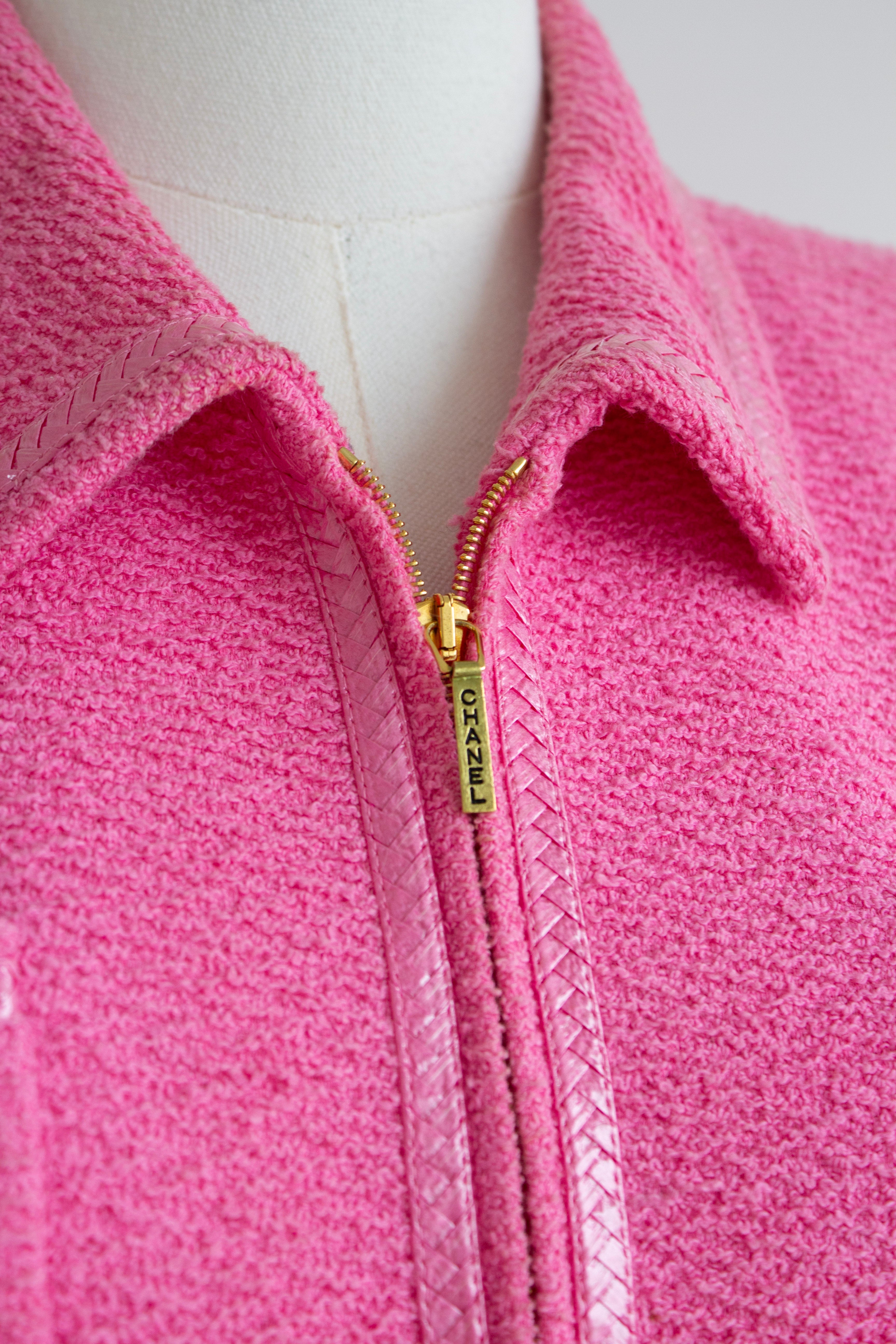 Chanel Vintage S/S 1995 “Barbie” Pink Tweed Gold Zip 95P Jacket & Skirt Set