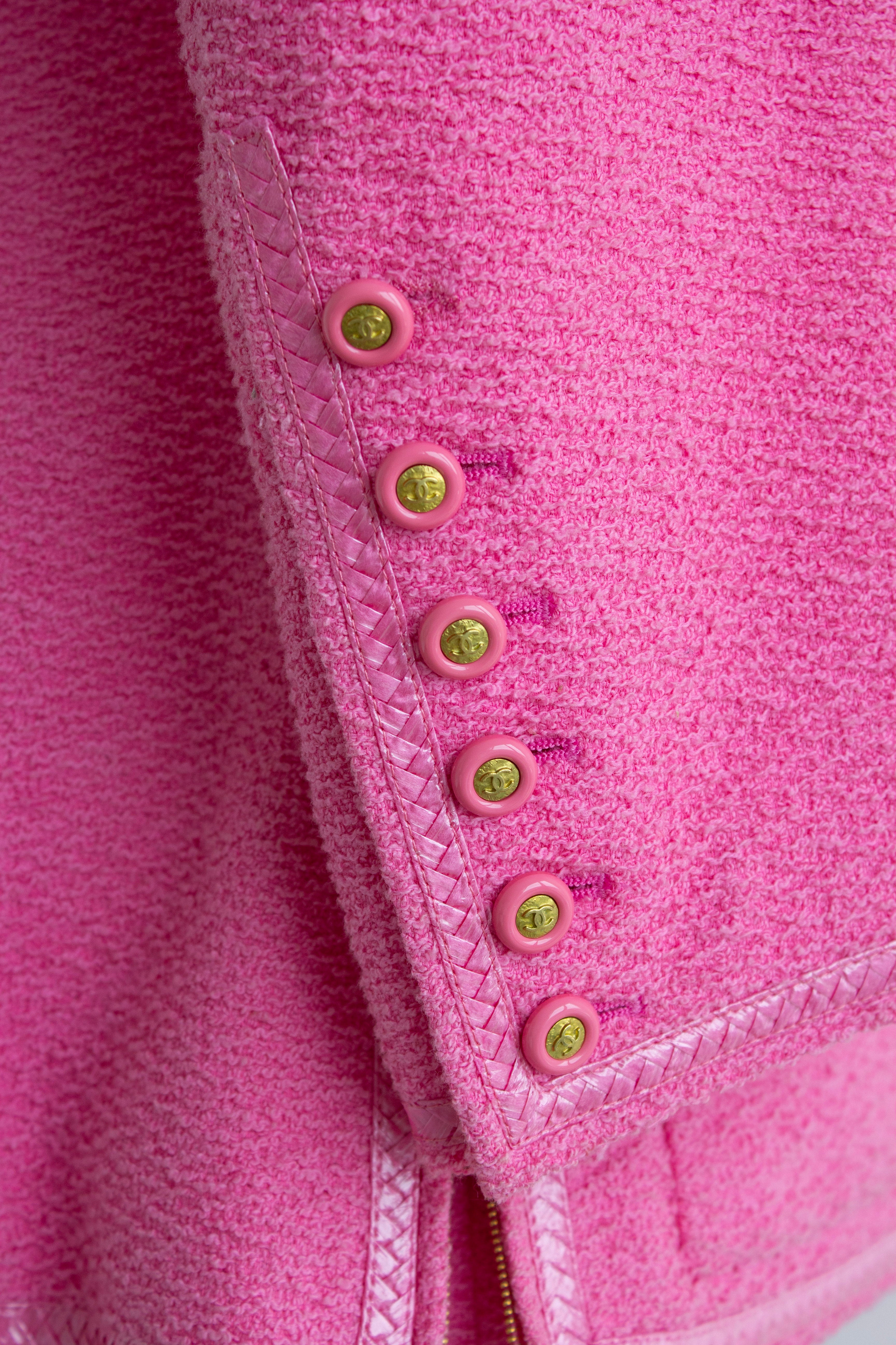 Chanel Vintage S/S 1995 “Barbie” Pink Tweed Gold Zip 95P Jacket & Skirt Set