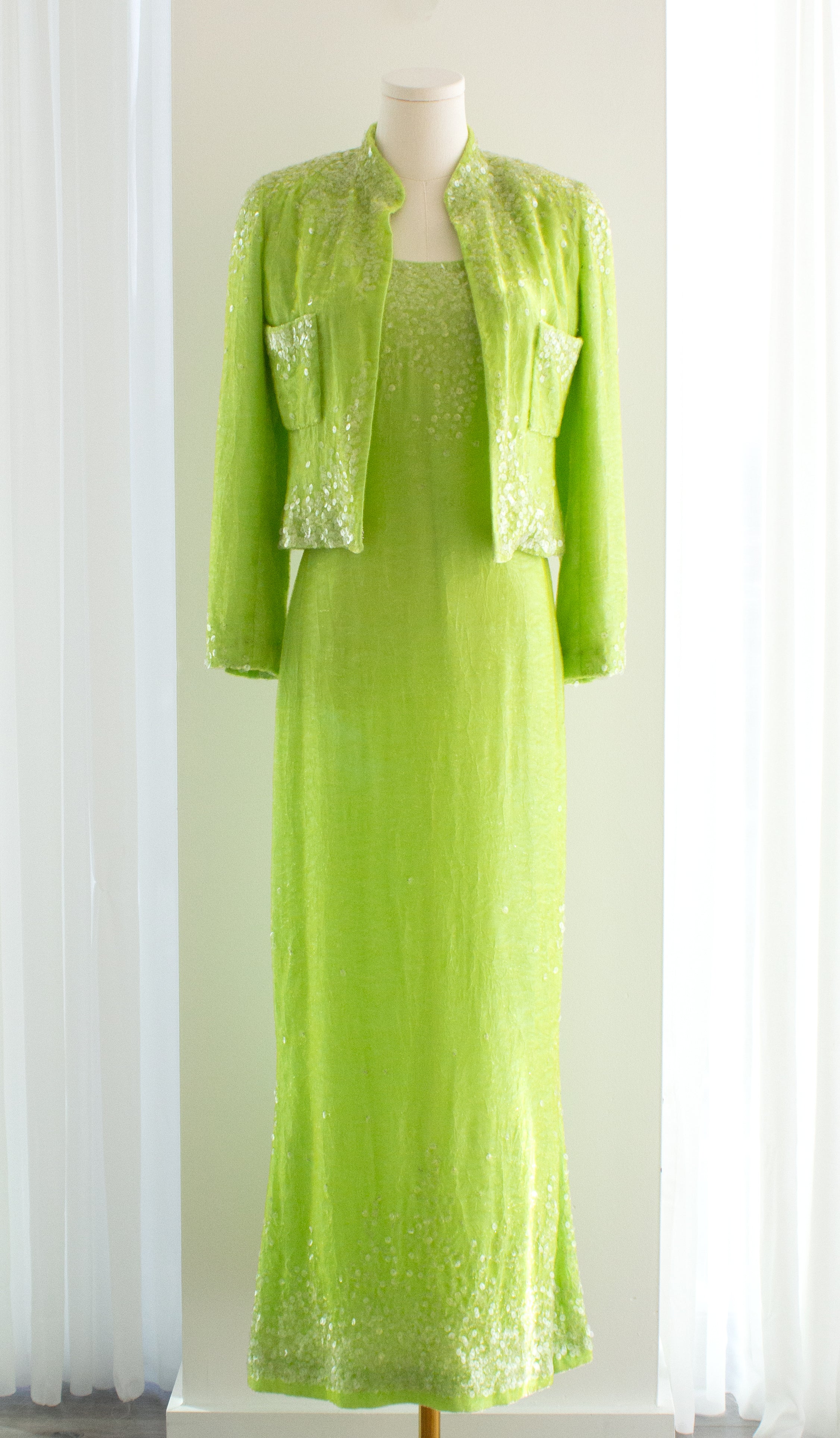 Chanel Vintage S/S 1997 Green Sequin Embellished Velvet Dress Gown Jacket 97P Set