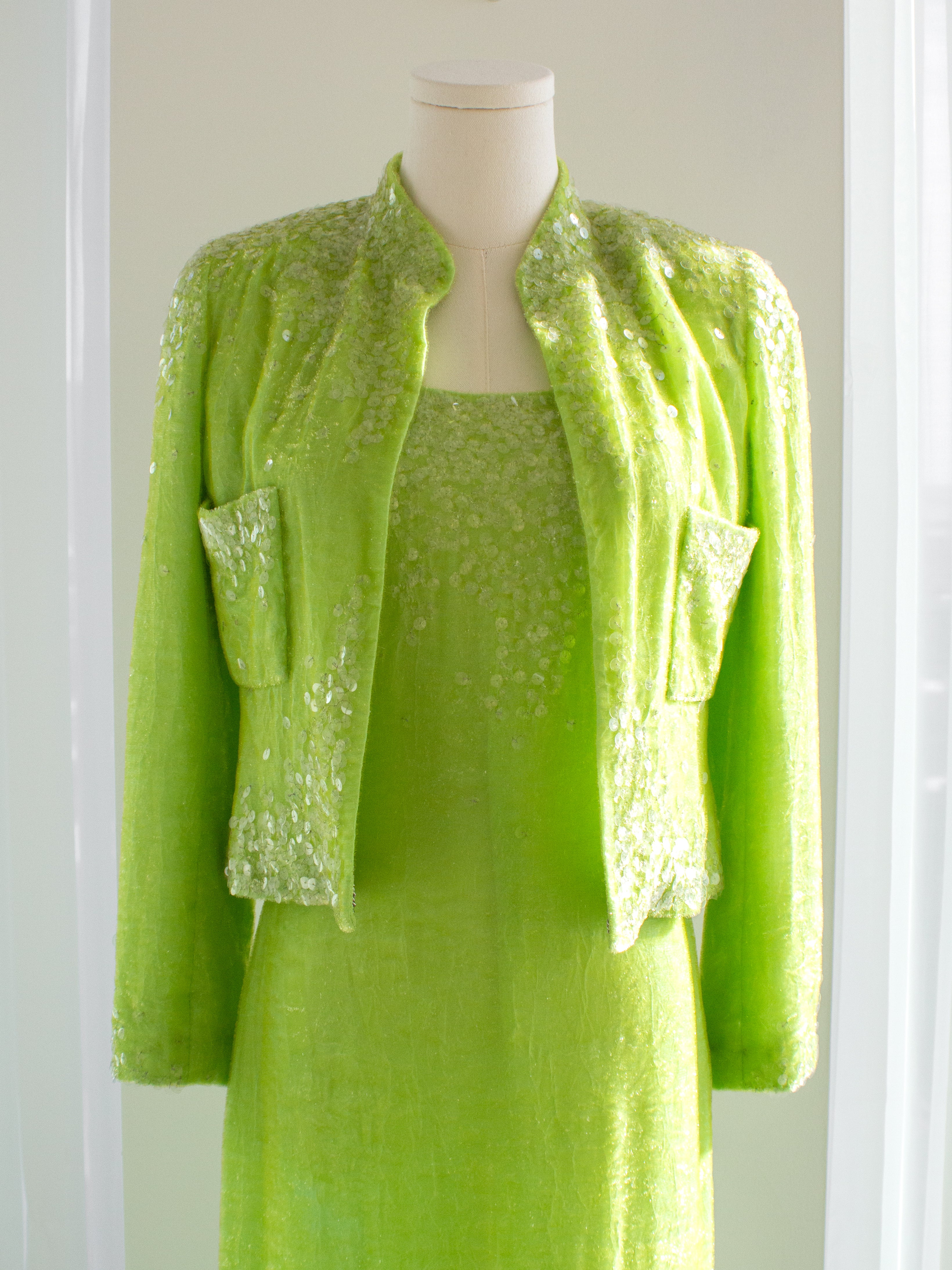 Chanel Vintage S/S 1997 Green Sequin Embellished Velvet Dress Gown Jacket 97P Set