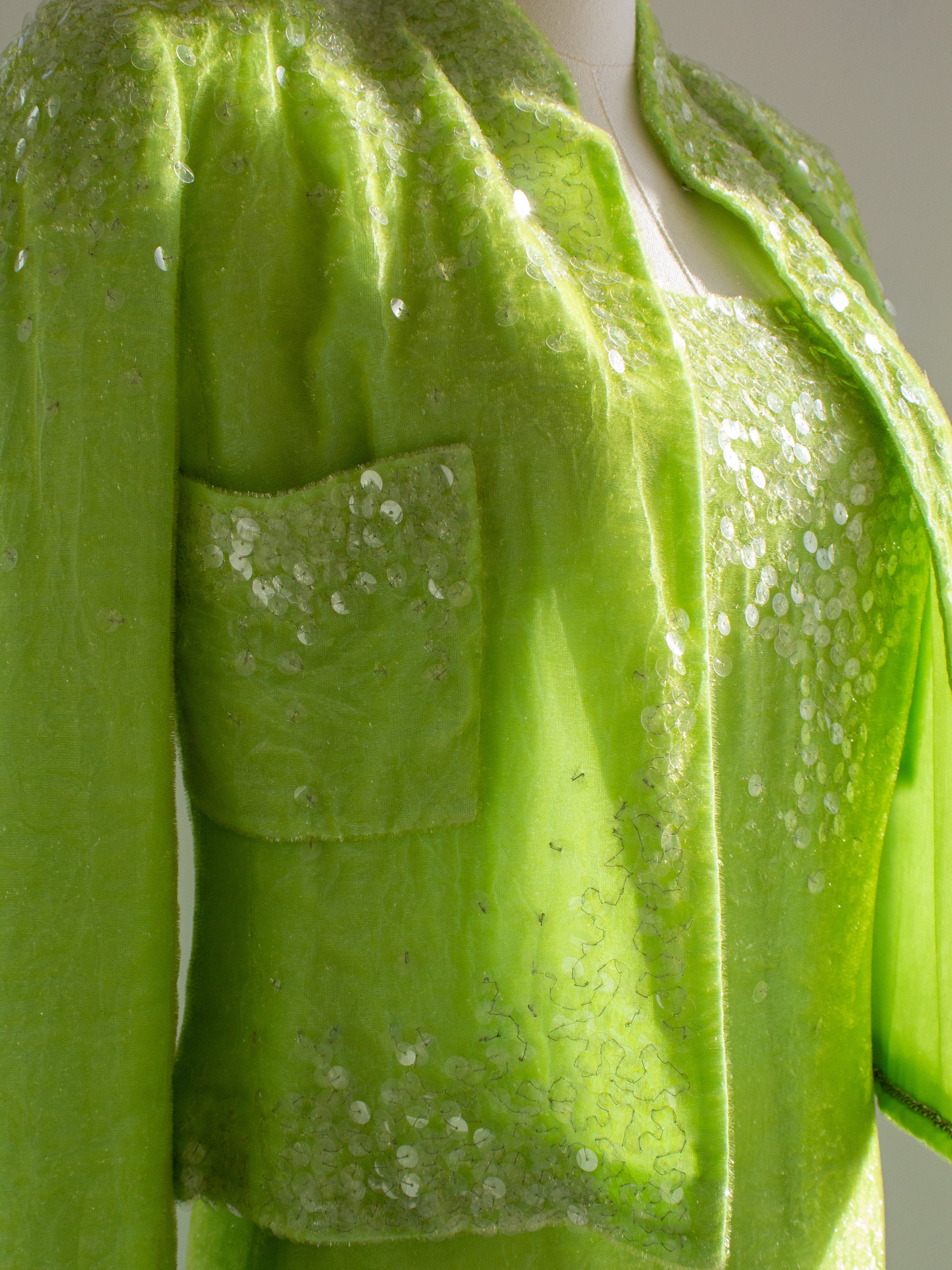 Chanel Vintage S/S 1997 Green Sequin Embellished Velvet Dress Gown Jacket 97P Set