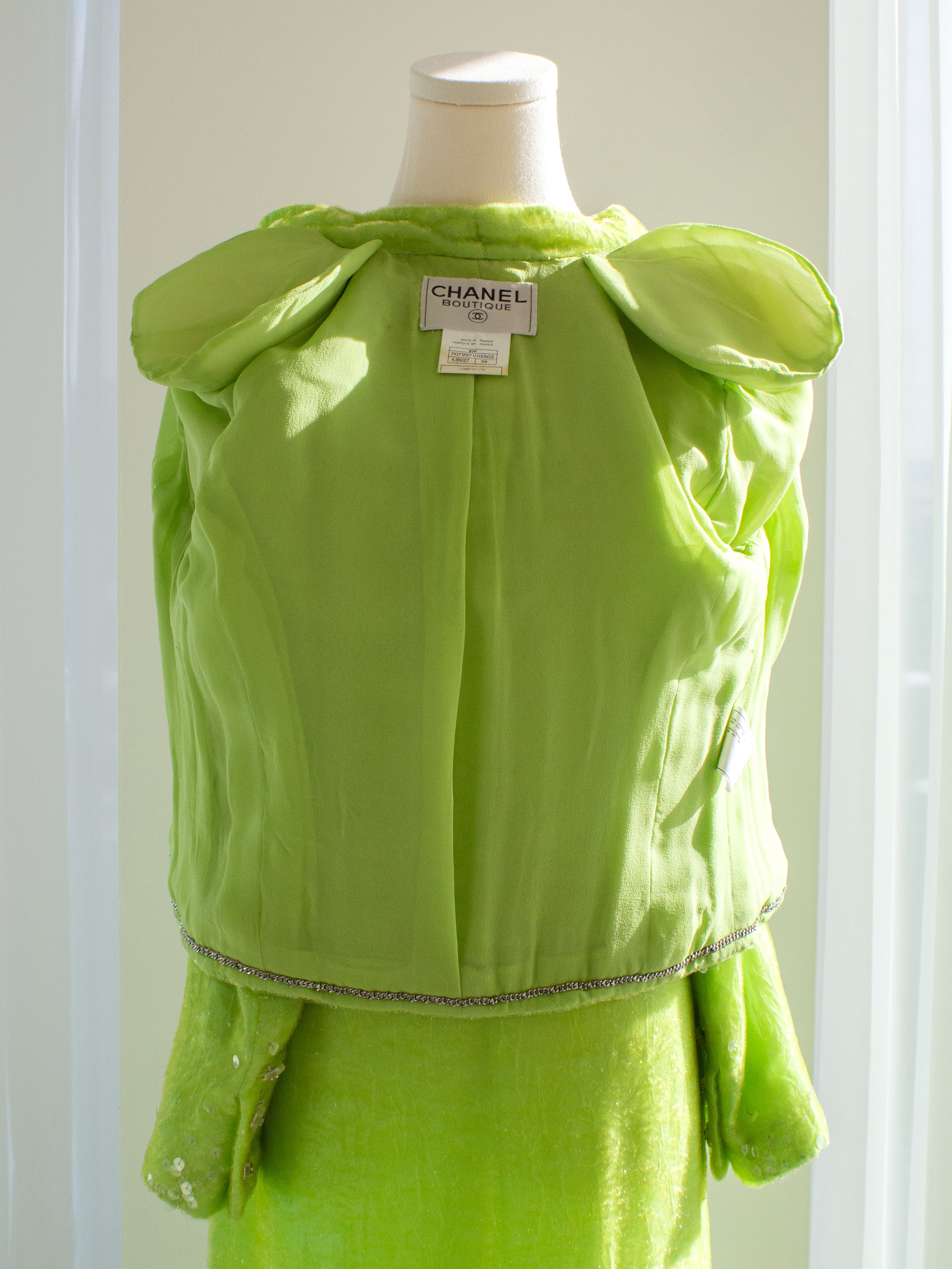 Chanel Vintage S/S 1997 Green Sequin Embellished Velvet Dress Gown Jacket 97P Set