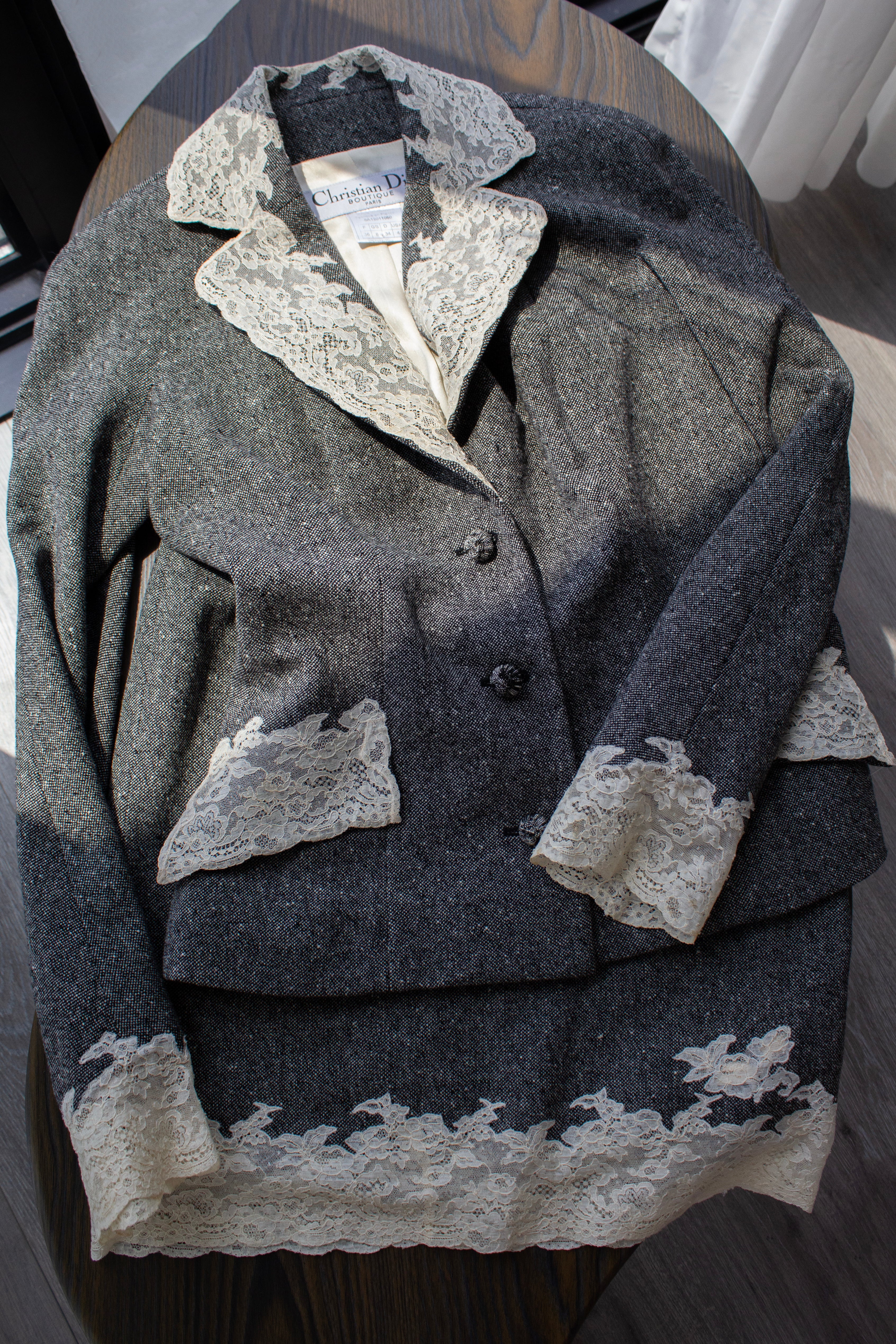 Christian Dior by John Galliano F/W 1998 Grey Tweed Calais Lace Jacket Skirt Suit