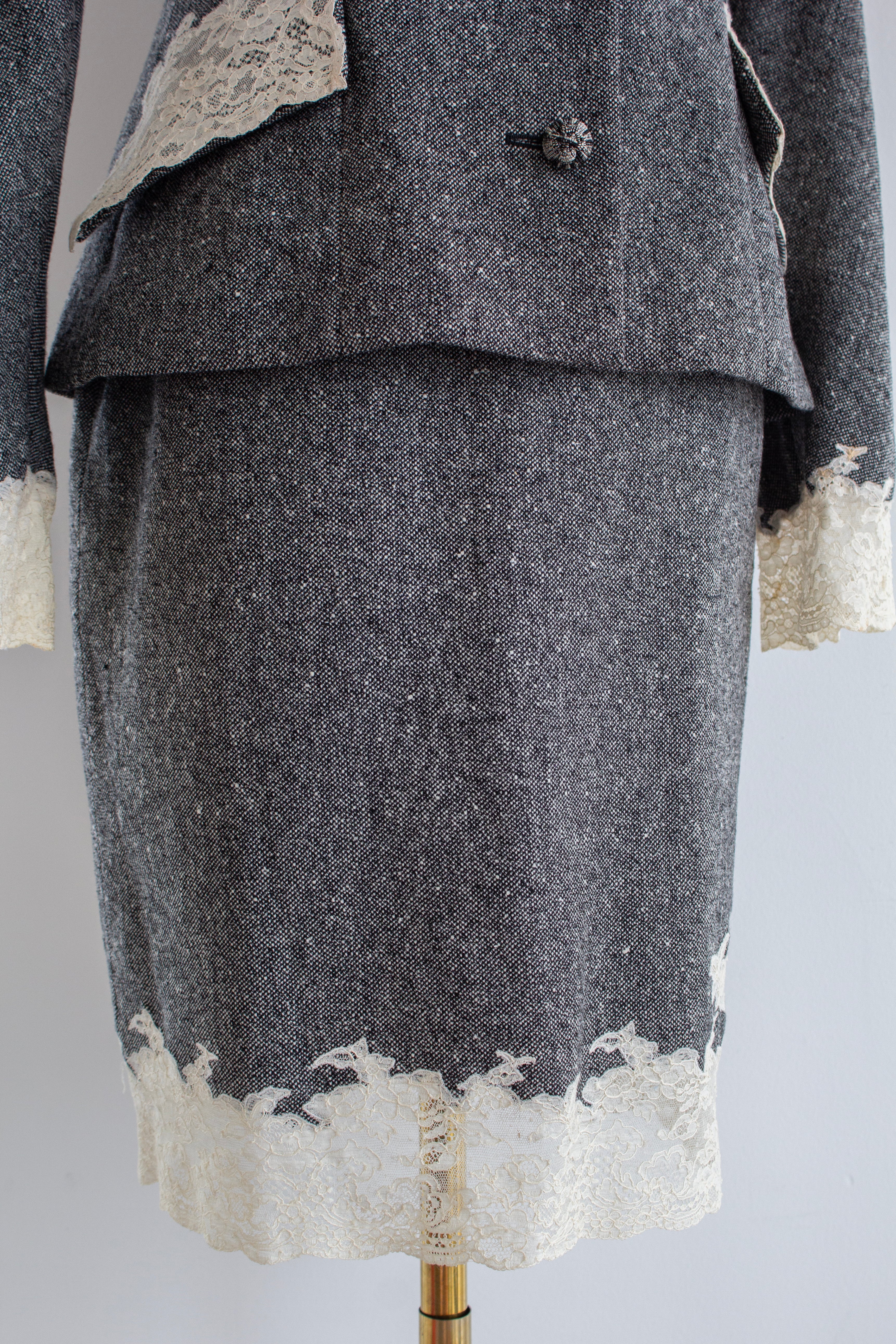Christian Dior by John Galliano F/W 1998 Grey Tweed Calais Lace Jacket Skirt Suit