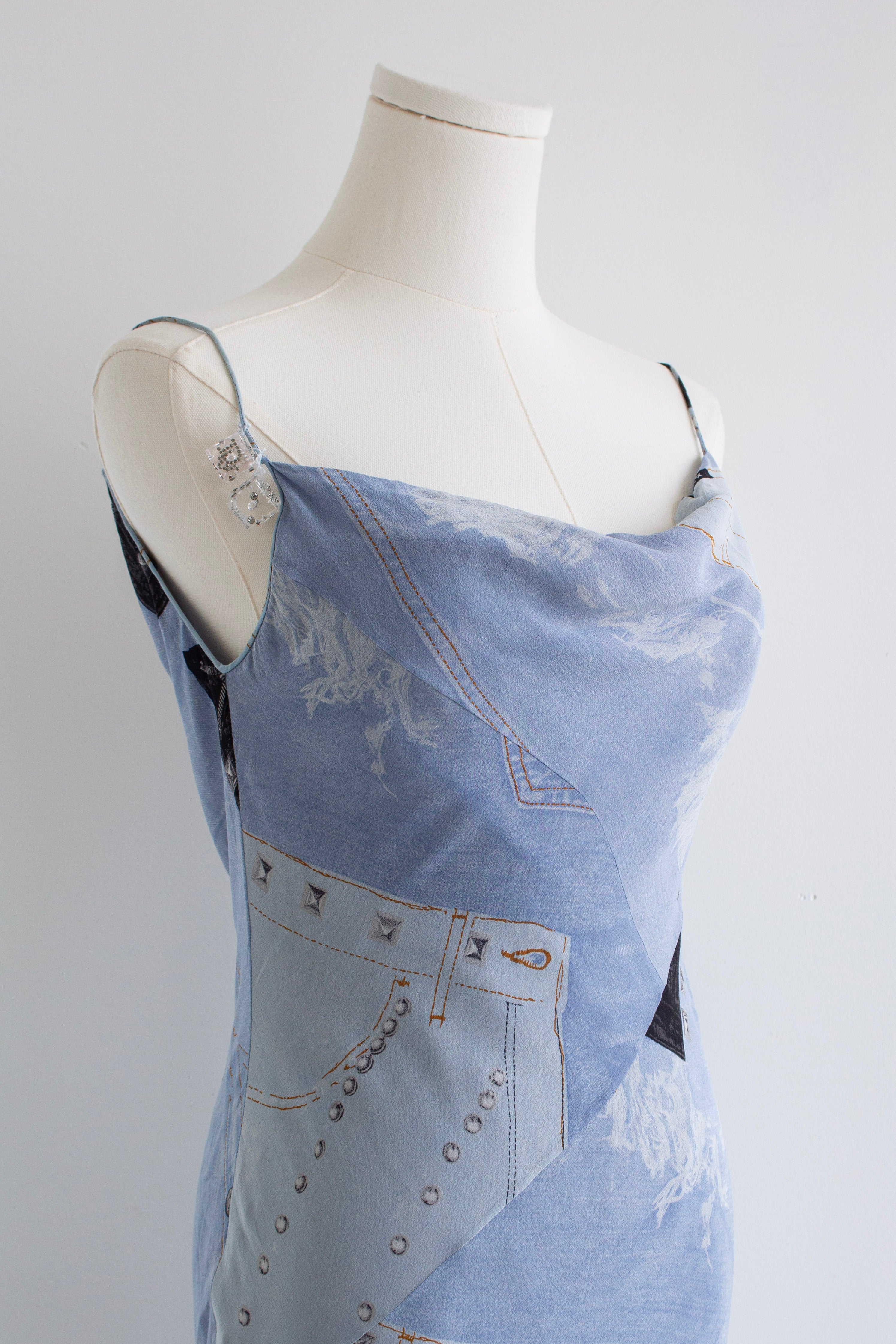 Christian Dior by John Galliano F/W 2004 “Gambler” Crystal Dice Denim Silk Midi Dress