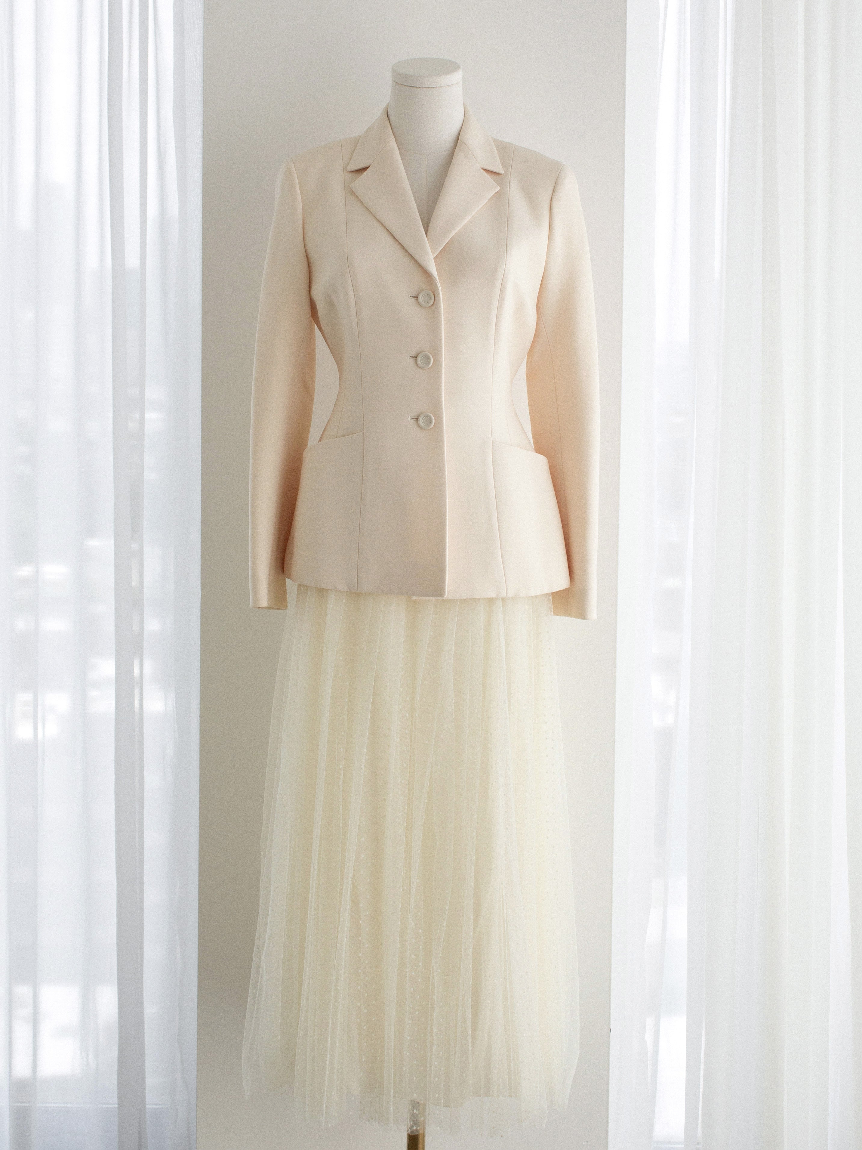 Dior 30 Montaigne Bar Jacket Off-White Ecru Plumetis Tulle Skirt Set