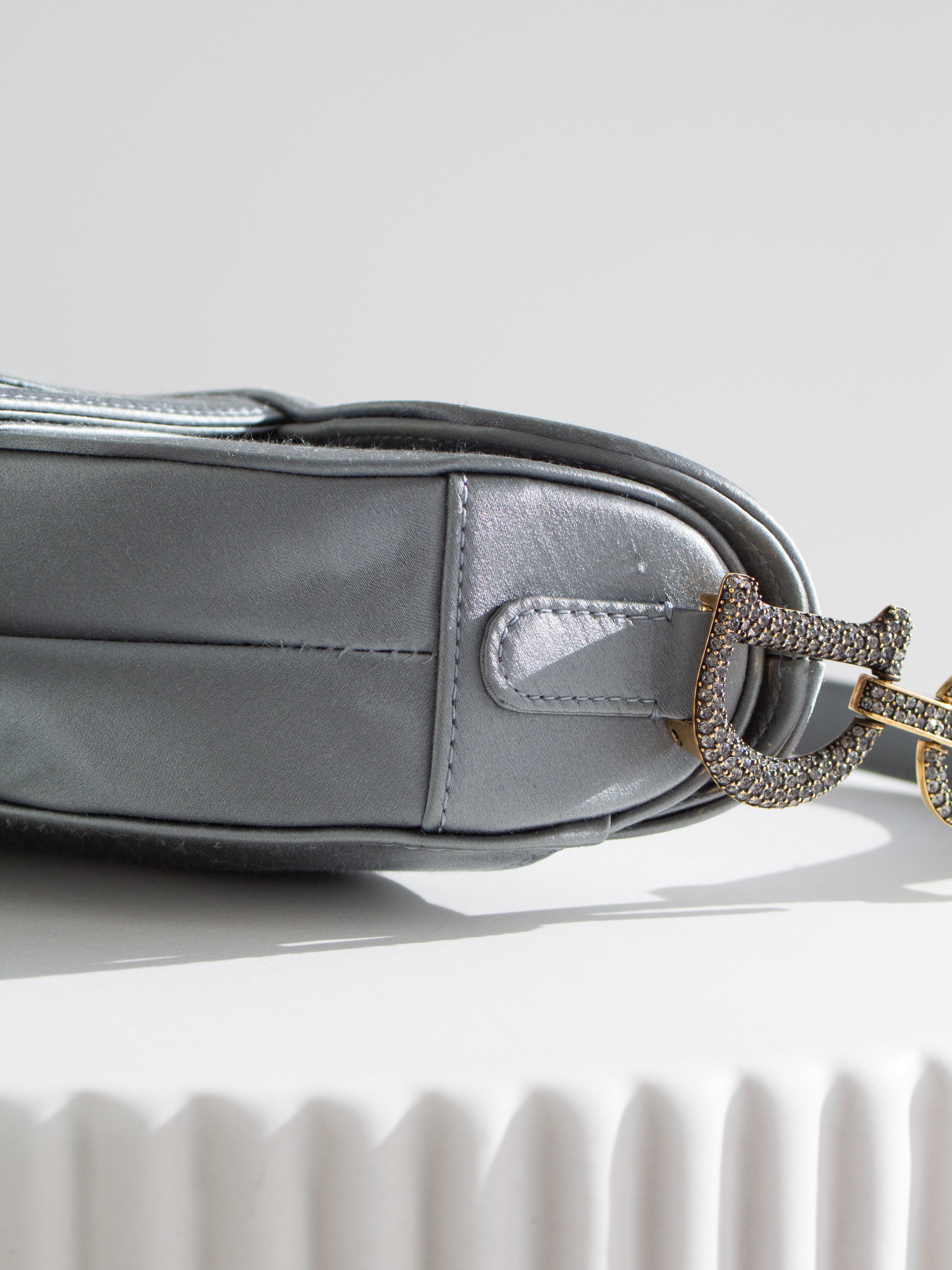 Dior Saddle 2019 Mini Satin Icy Blue Grey Crystal Embellished Bag