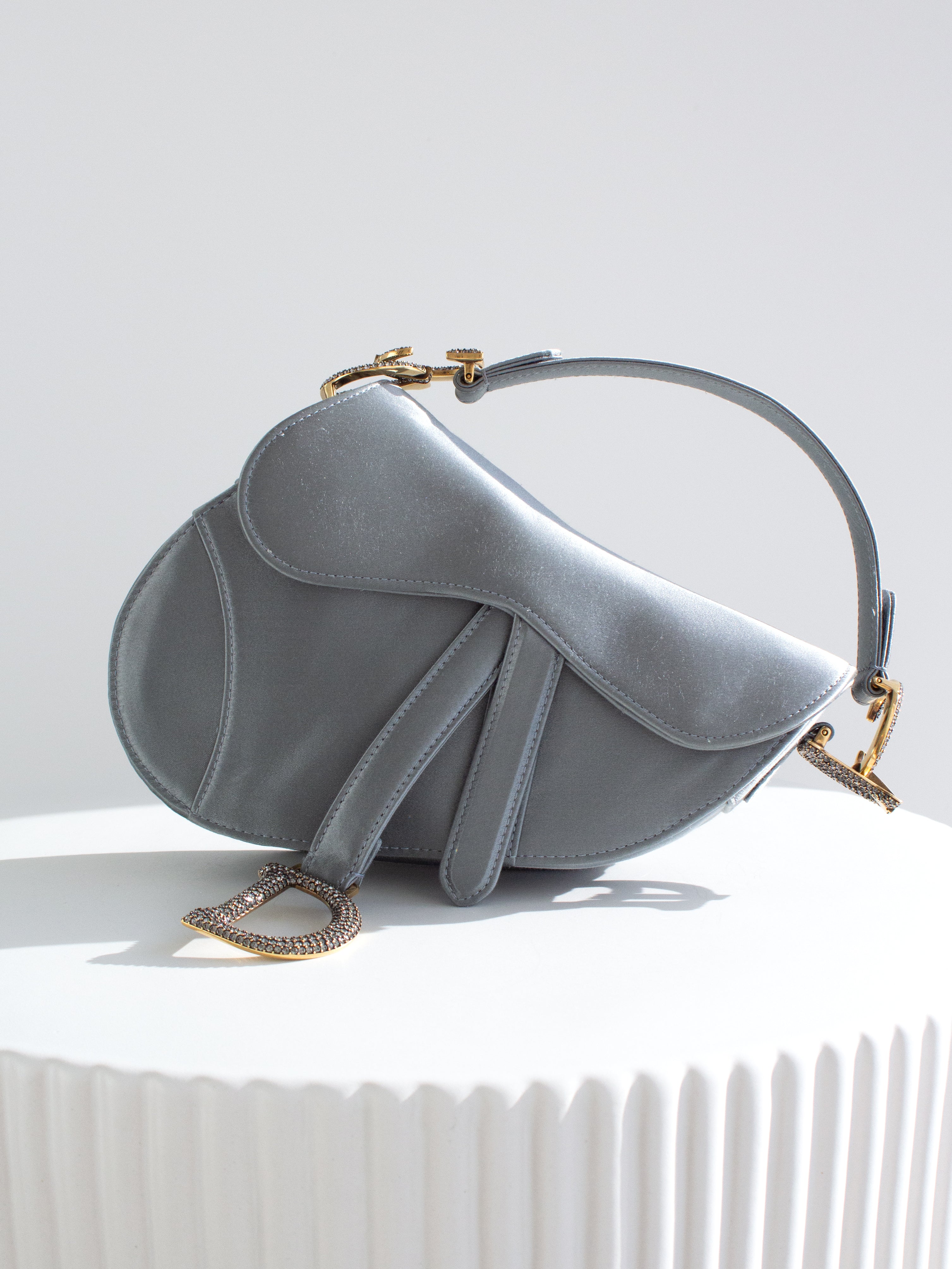 Dior Saddle 2019 Mini Satin Icy Blue Grey Crystal Embellished Bag