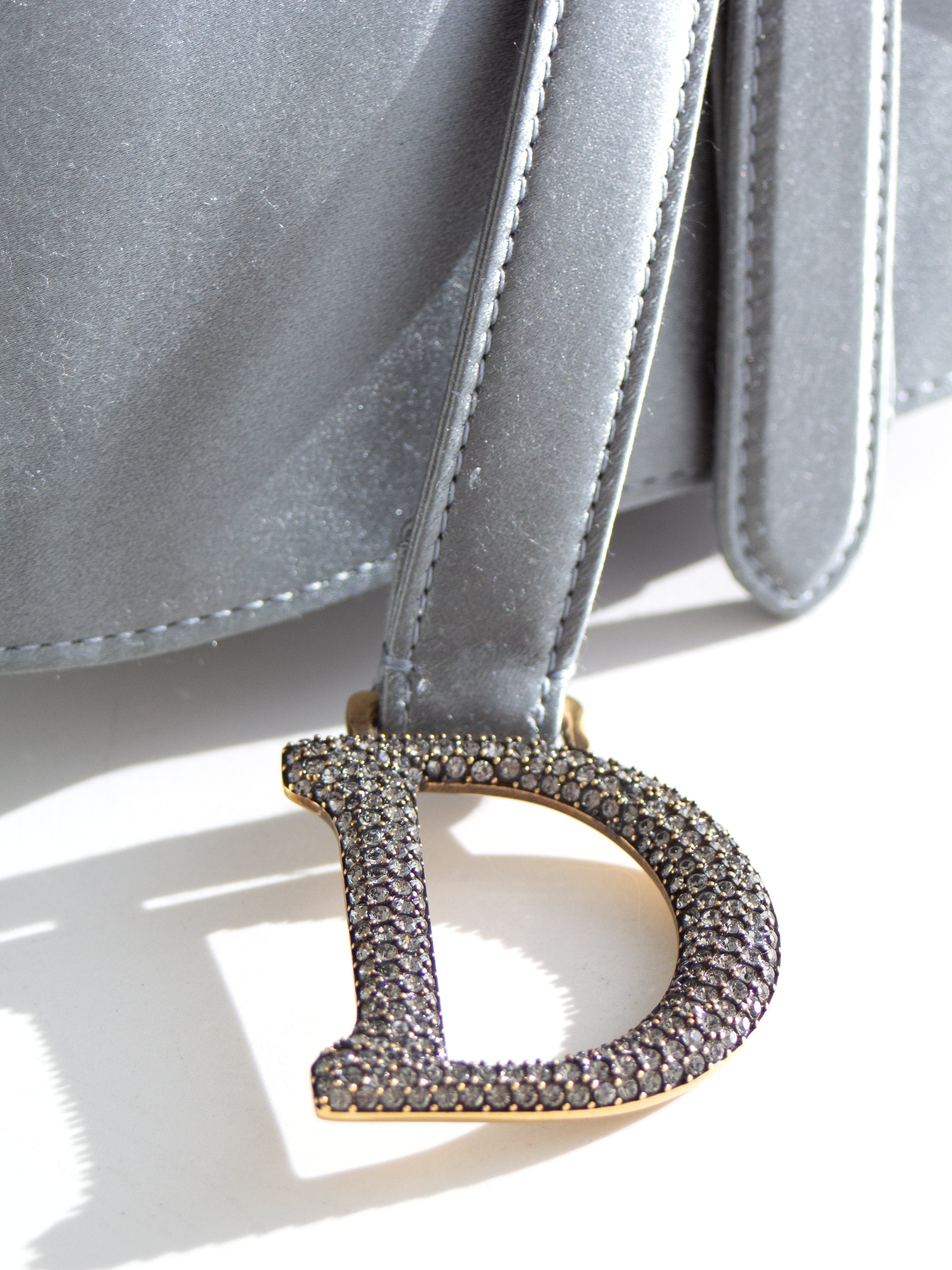 Dior Saddle 2019 Mini Satin Icy Blue Grey Crystal Embellished Bag