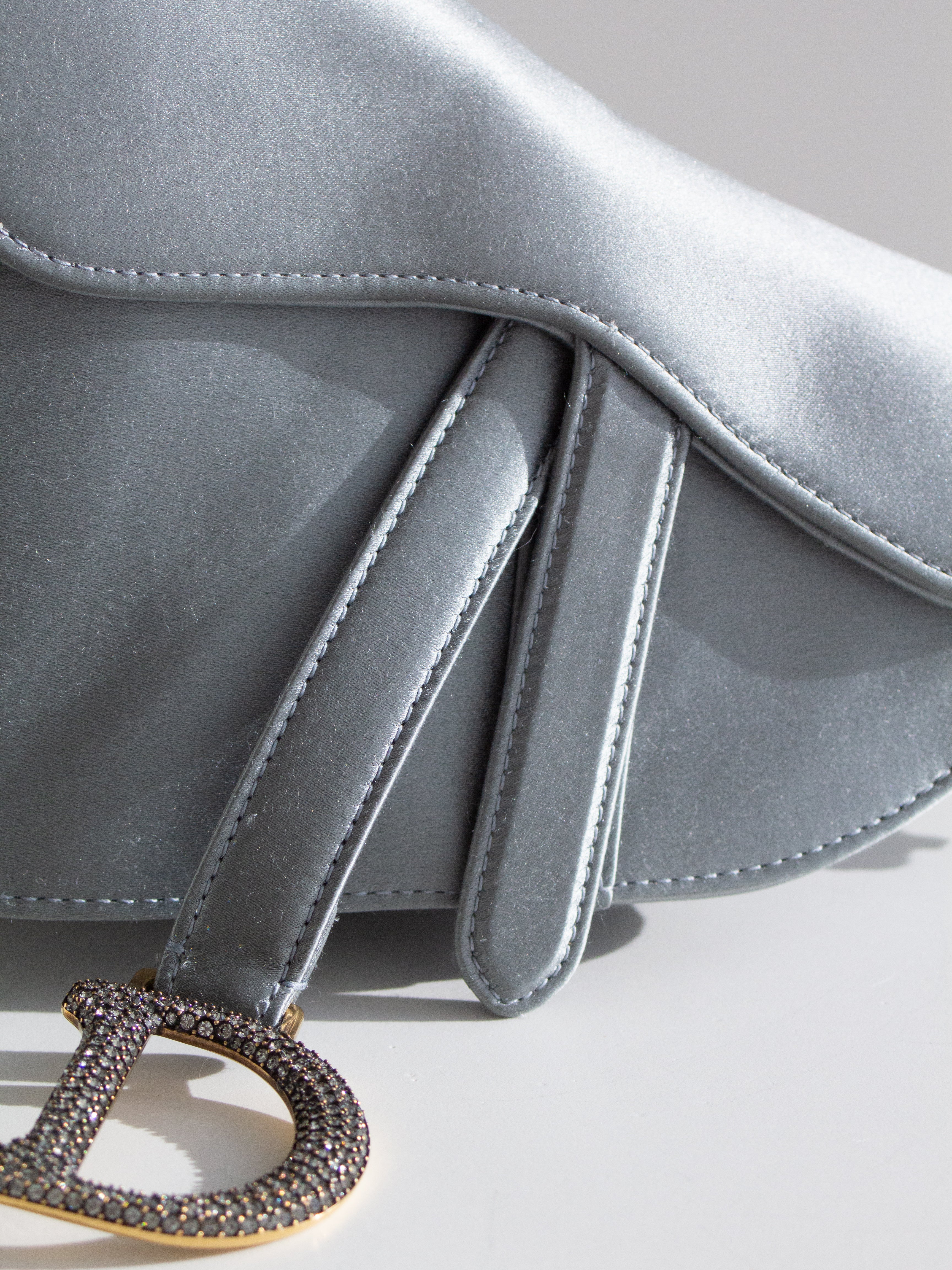 Dior Saddle 2019 Mini Satin Icy Blue Grey Crystal Embellished Bag