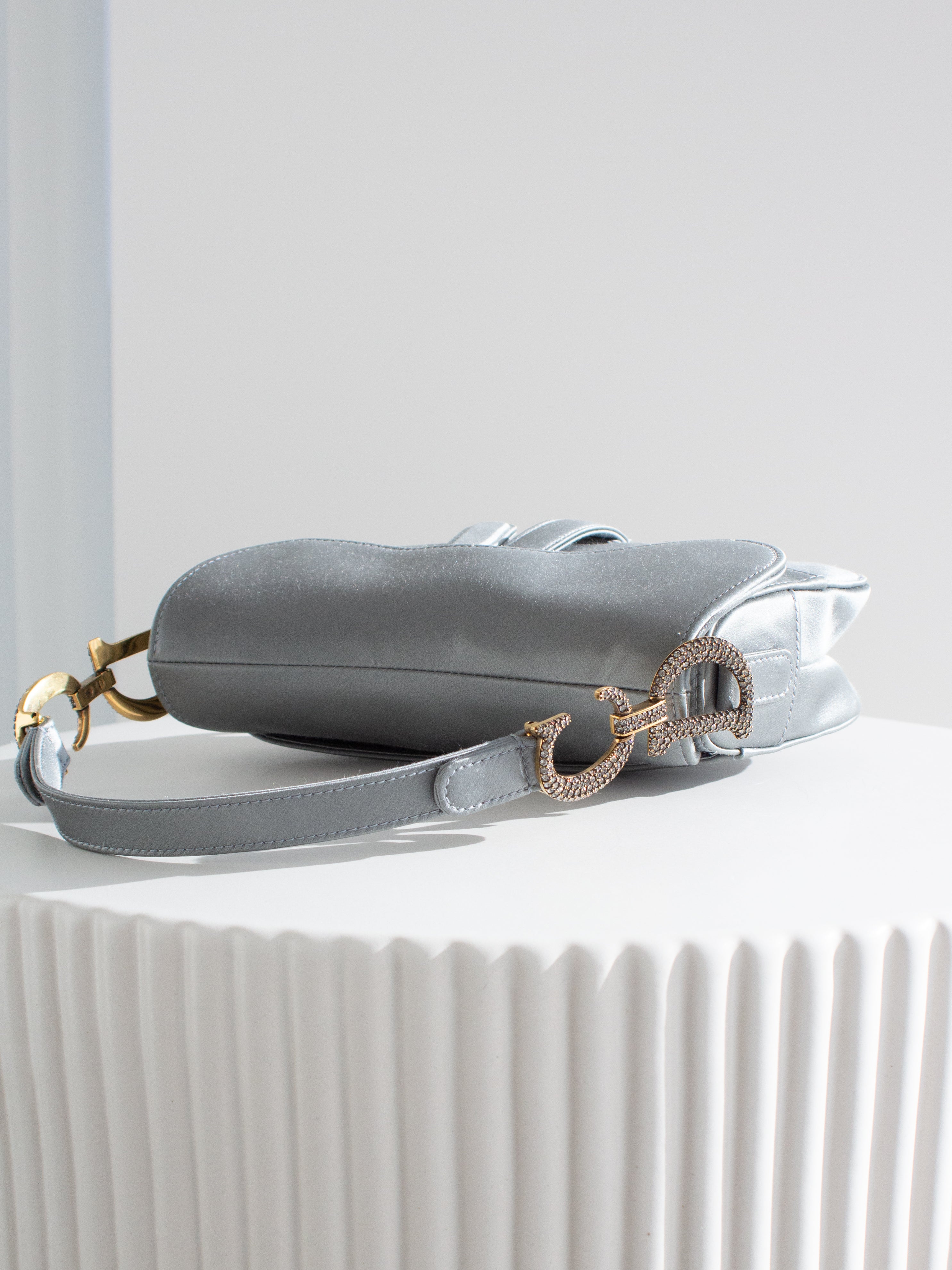 Dior Saddle 2019 Mini Satin Icy Blue Grey Crystal Embellished Bag