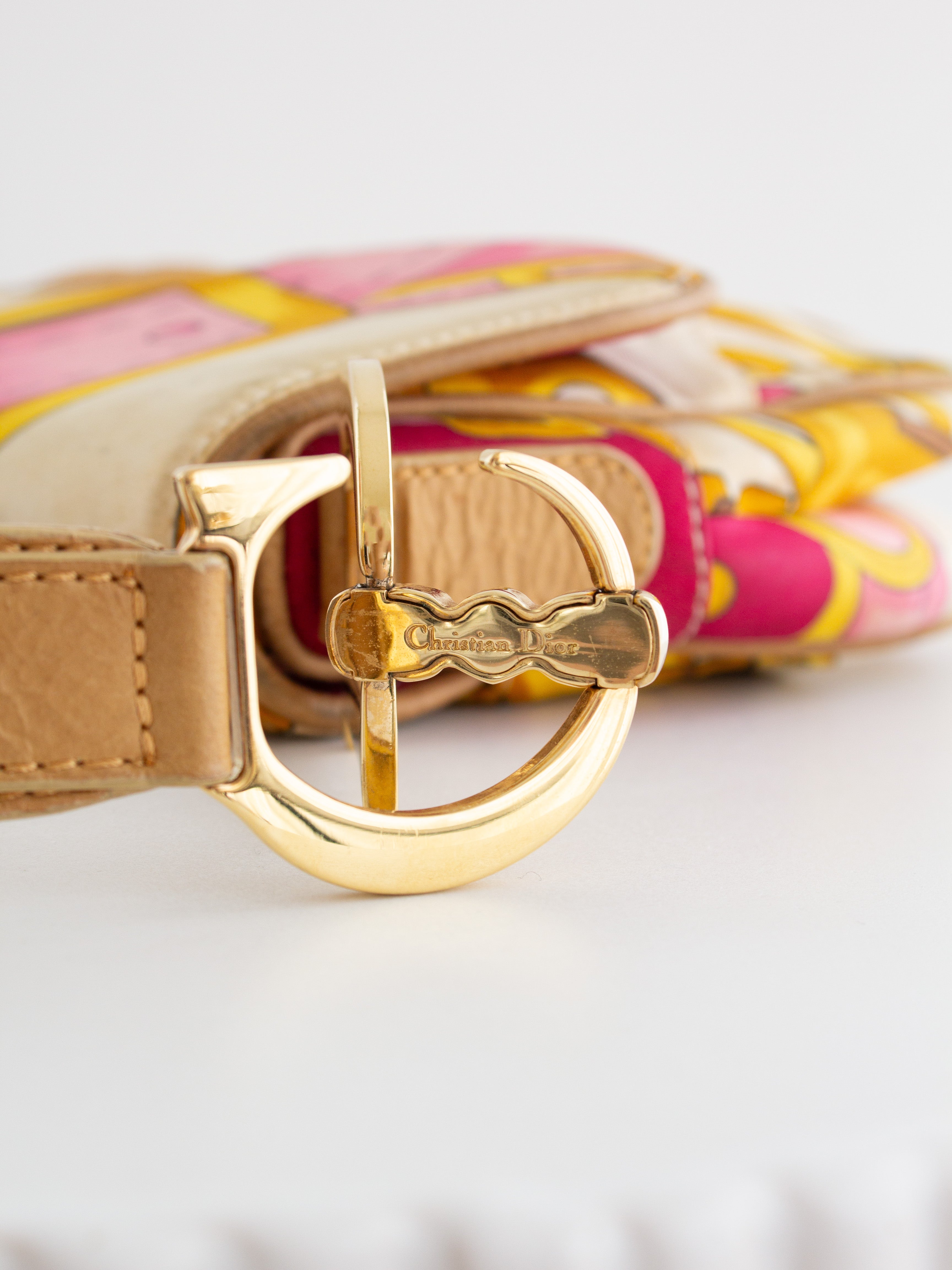 Christian Dior Vintage Sex And The City Pink Saddle Chain Satin Print Bag