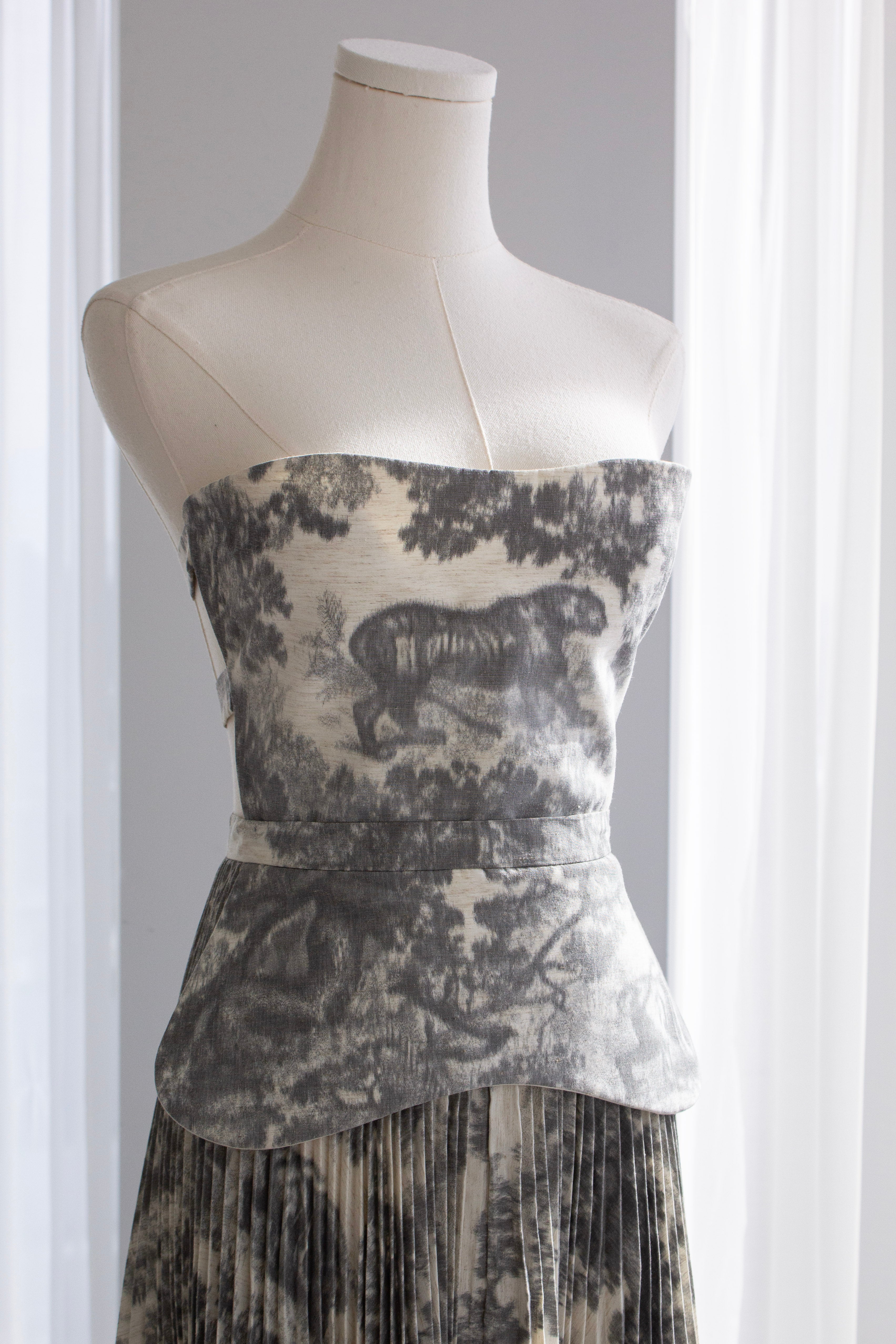 Christian Dior S/S 2019 Grey Toile De Jouy Print Corset Pleated Dress
