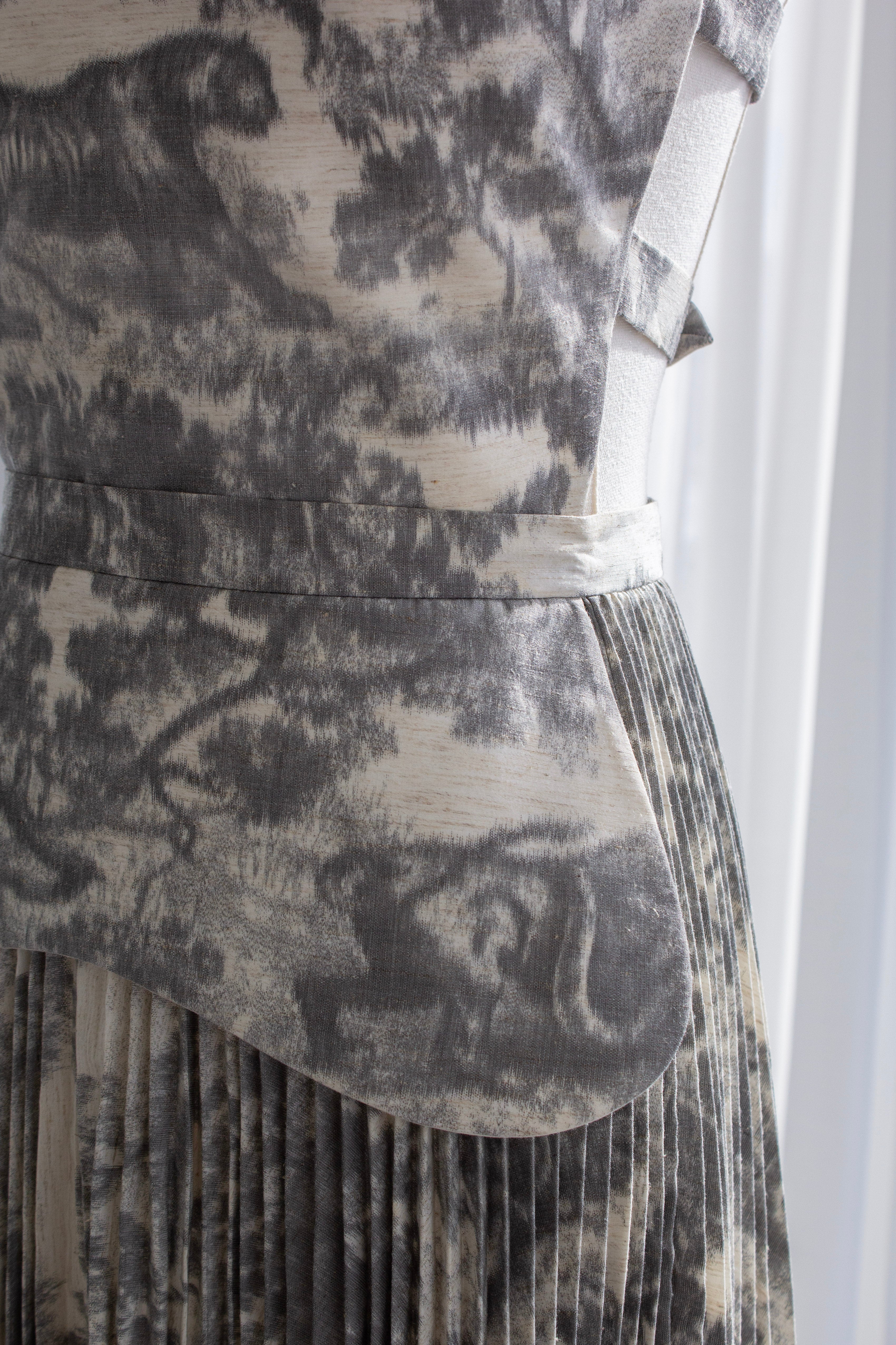 Christian Dior S/S 2019 Grey Toile De Jouy Print Corset Pleated Dress