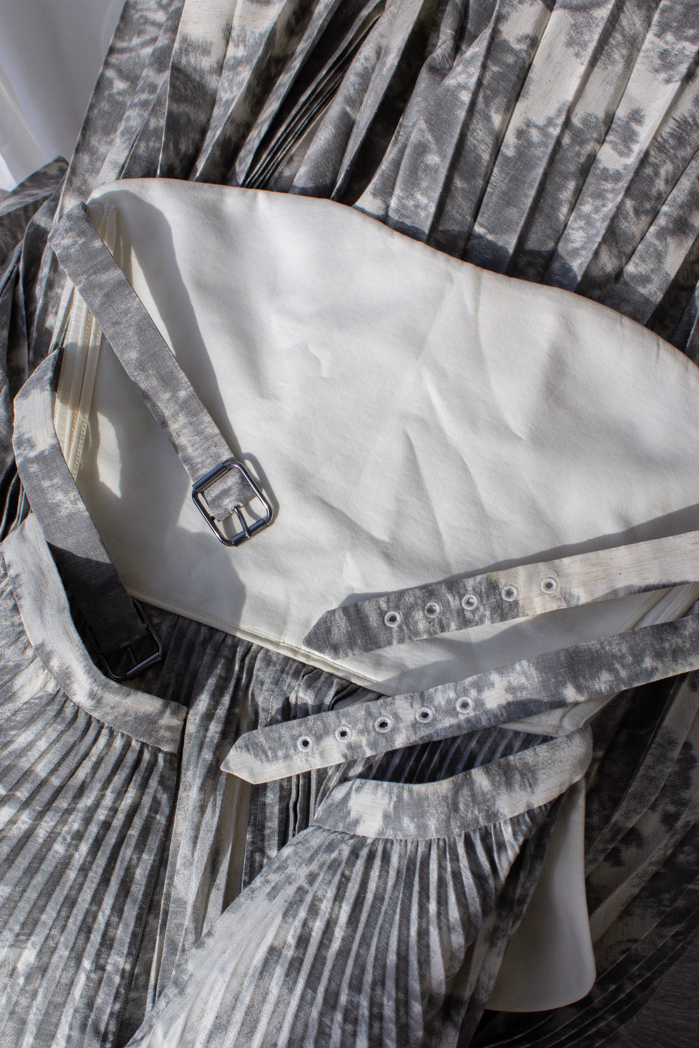 Christian Dior S/S 2019 Grey Toile De Jouy Print Corset Pleated Dress