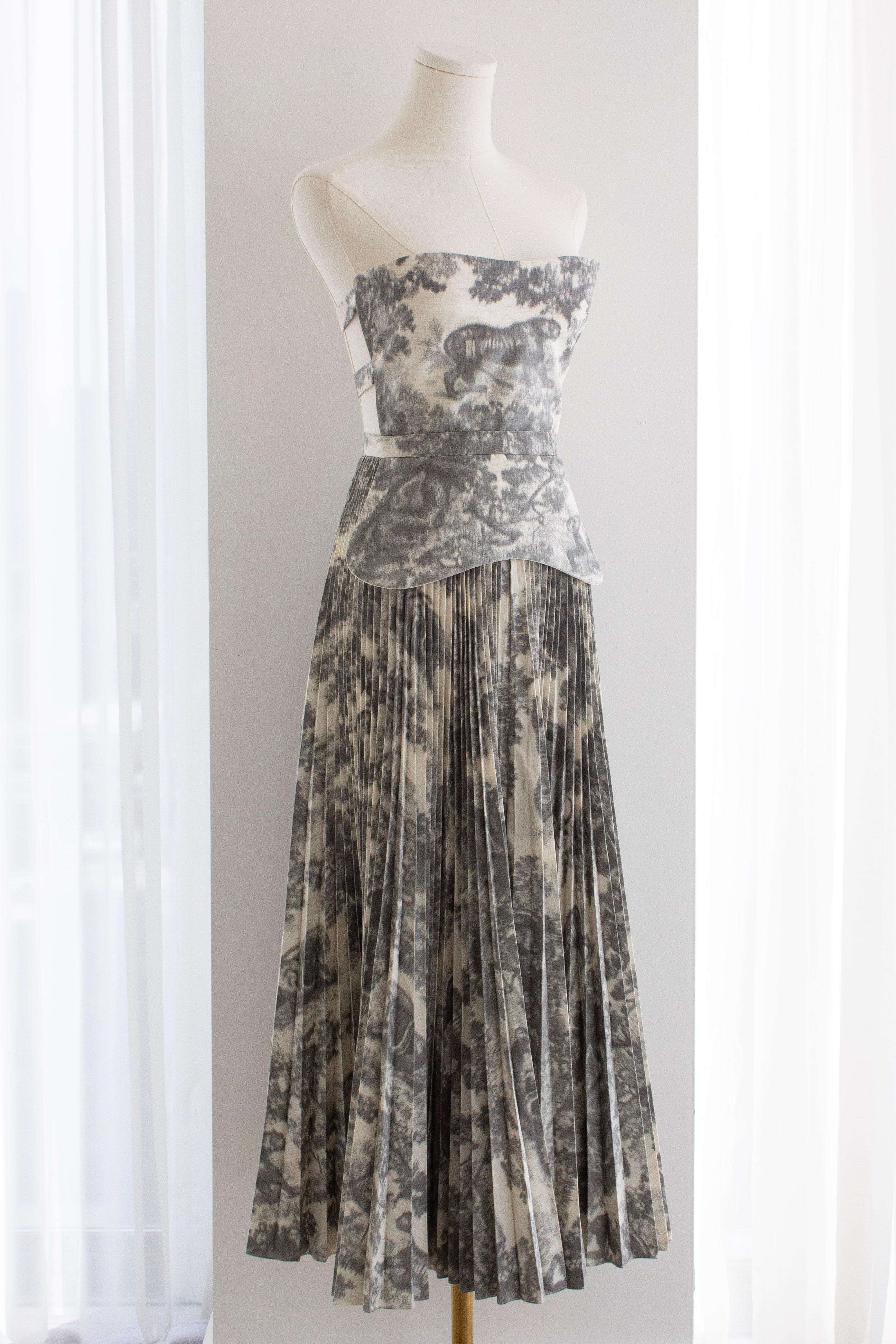 Christian Dior S/S 2019 Grey Toile De Jouy Print Corset Pleated Dress