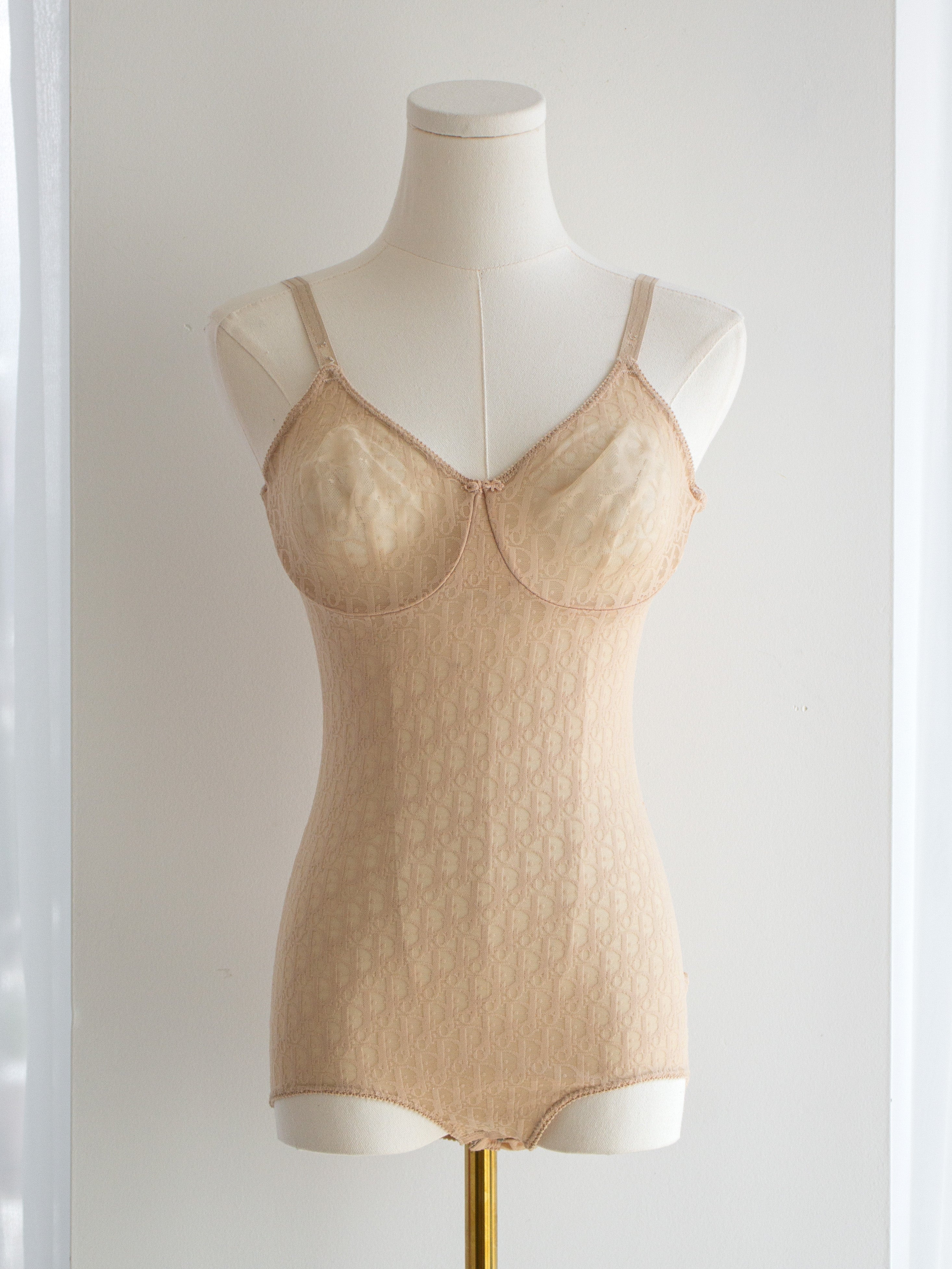 Christian Dior Vintage Monogram Diorissimo Sheer Nude Beige Logo Print Bodysuit