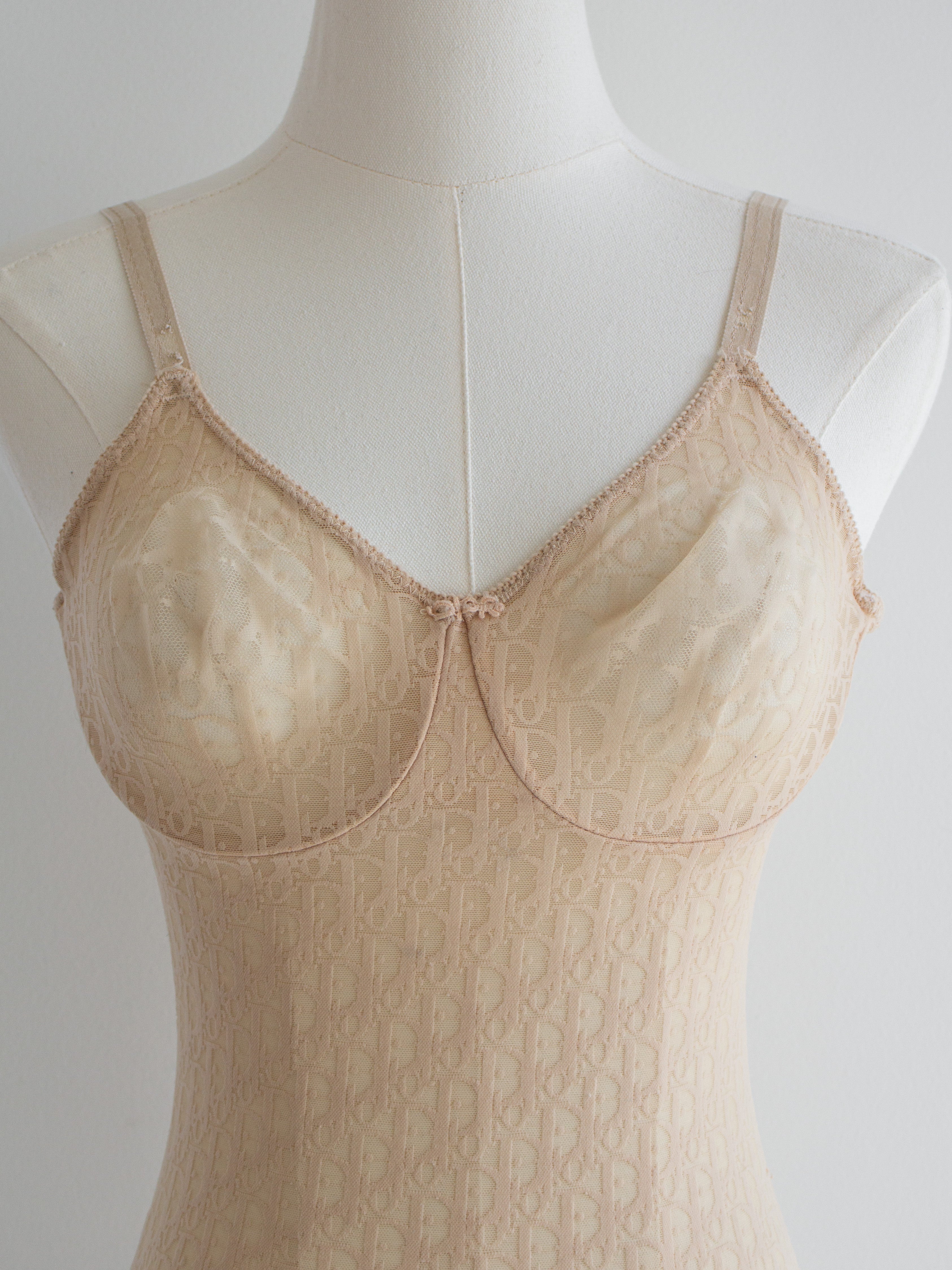Christian Dior Vintage Monogram Diorissimo Sheer Nude Beige Logo Print Bodysuit