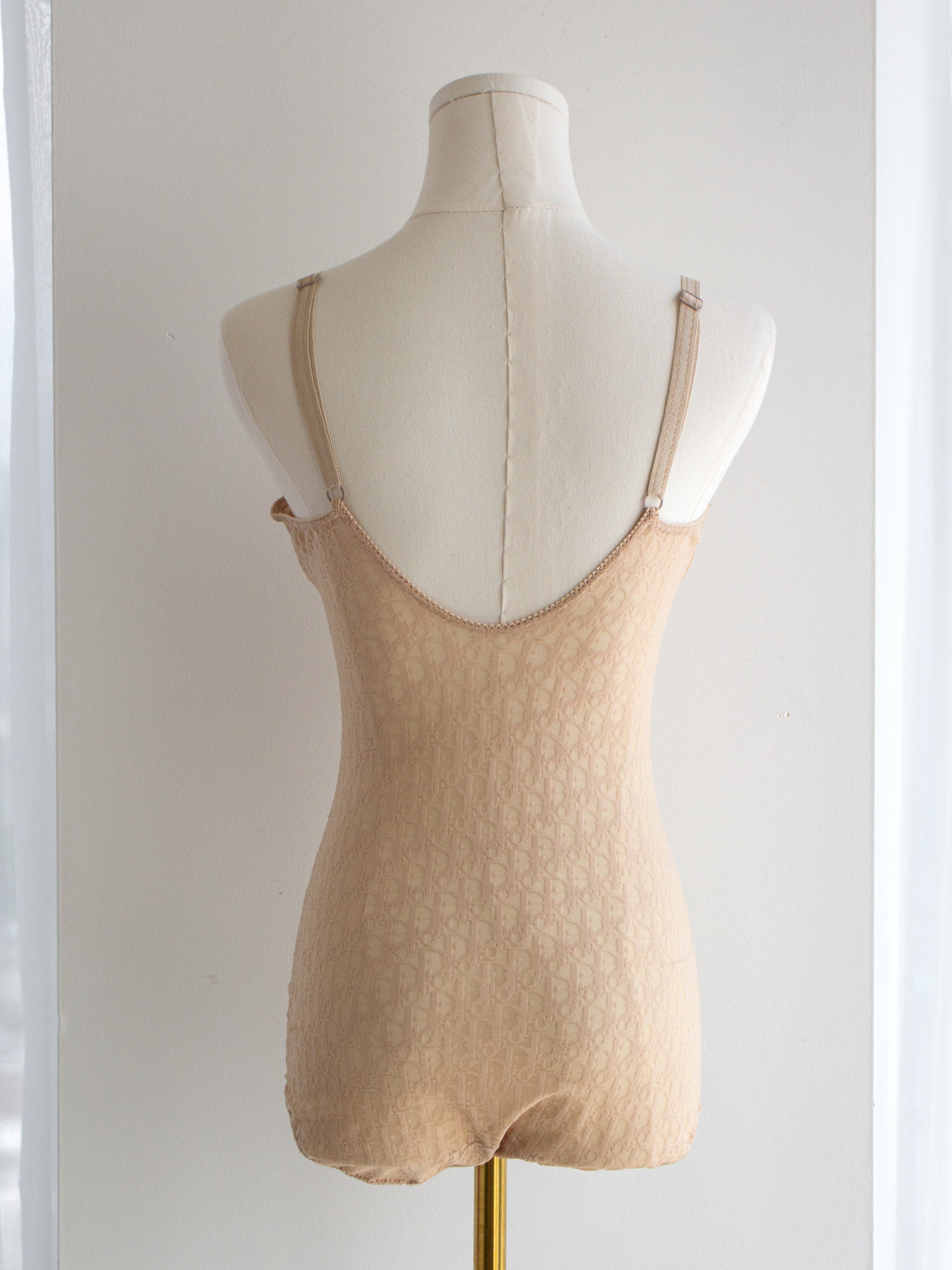 Christian Dior Vintage Monogram Diorissimo Sheer Nude Beige Logo Print Bodysuit