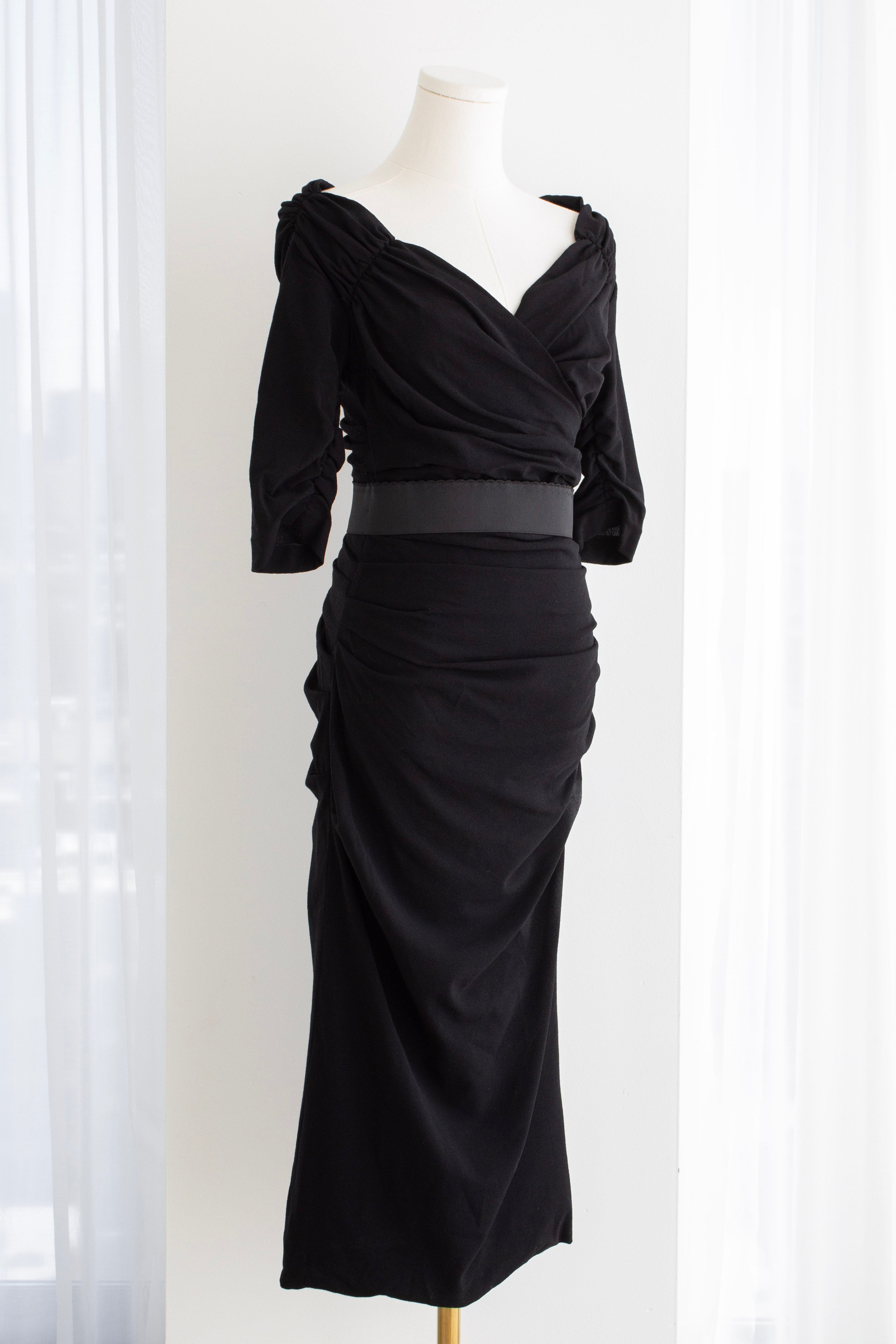 Dolce & Gabbana F/W 2017 Black Wool Ruched Midi Belted Dress