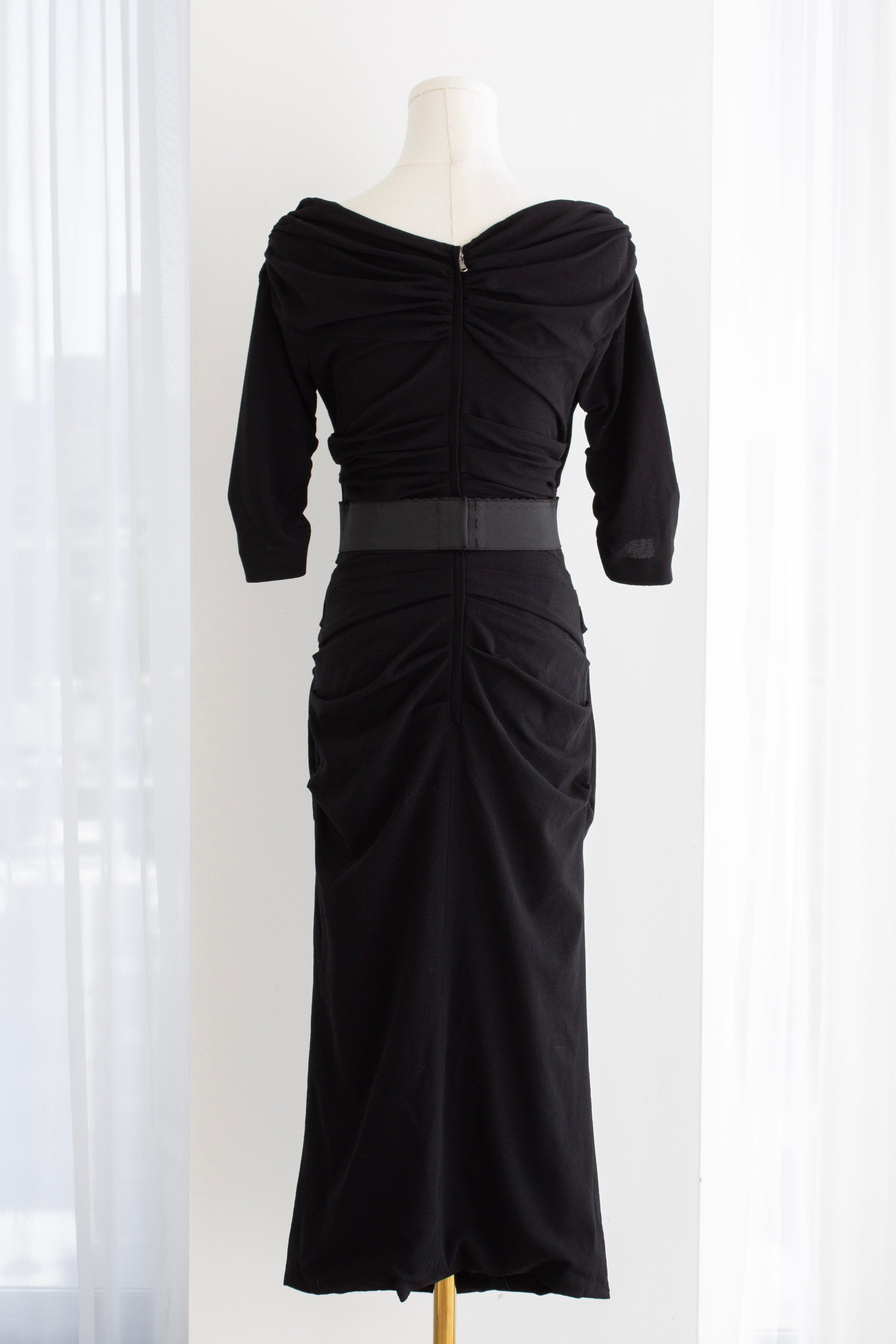 Dolce & Gabbana F/W 2017 Black Wool Ruched Midi Belted Dress