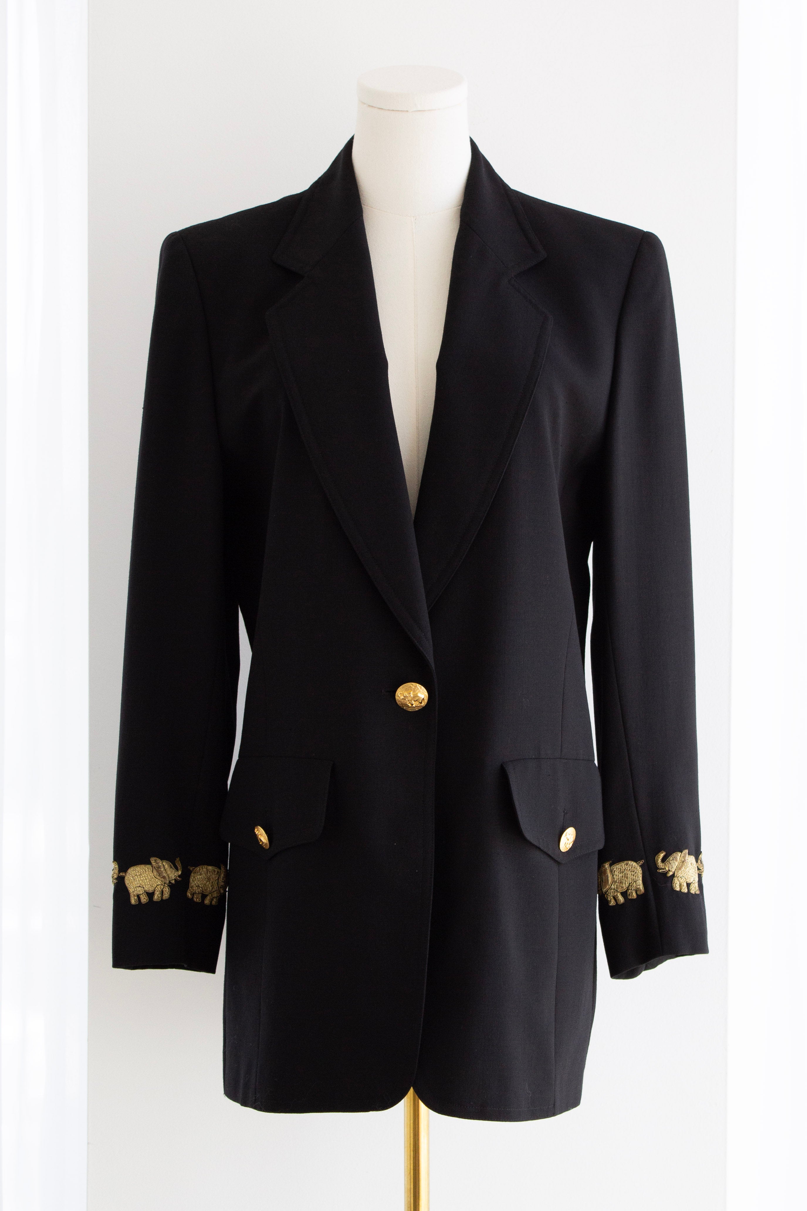 Escada By Margaretha Ley Vintage 90s Princess Diana Black Gold Elephants Blazer Jacket
