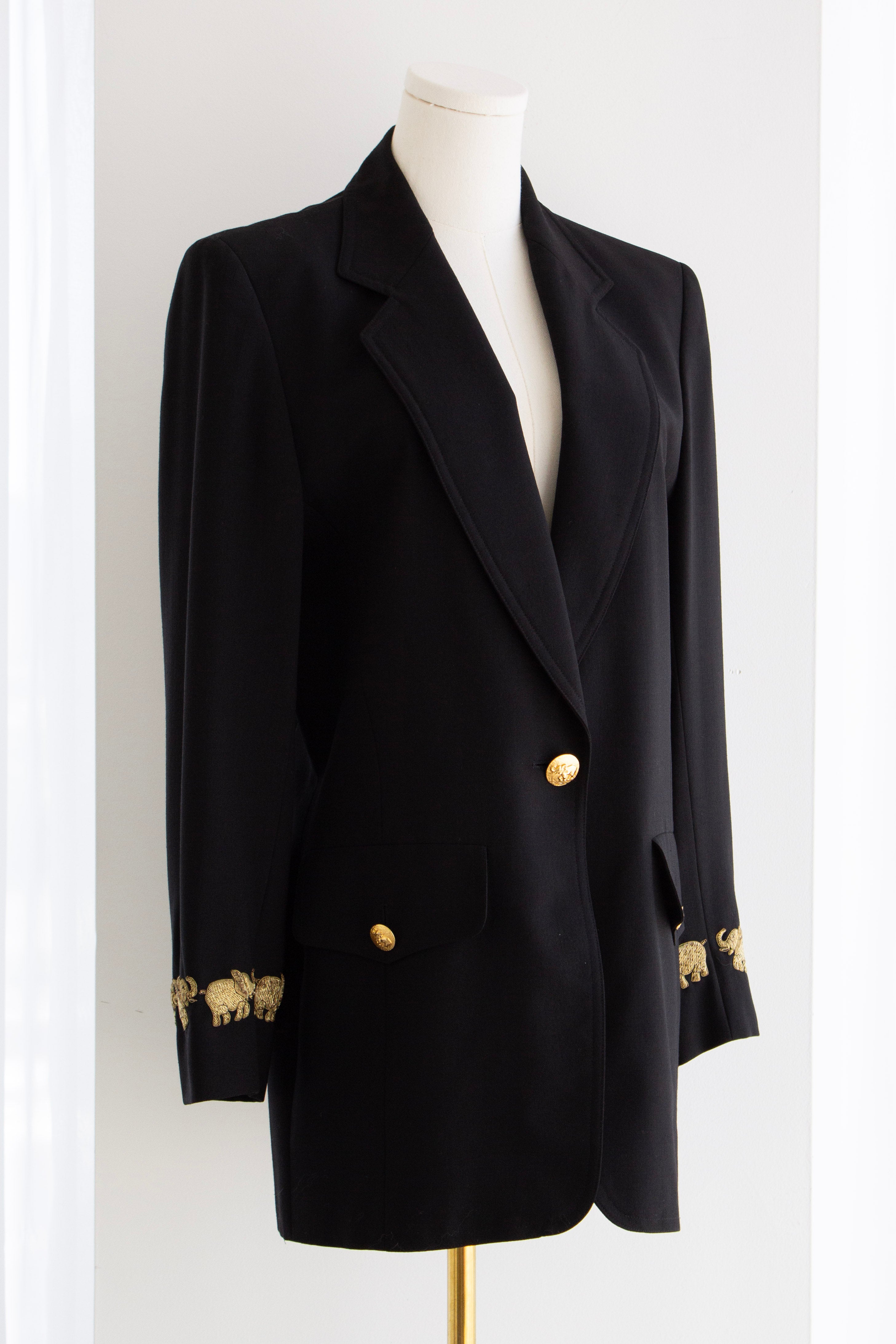 Escada By Margaretha Ley Vintage 90s Princess Diana Black Gold Elephants Blazer Jacket