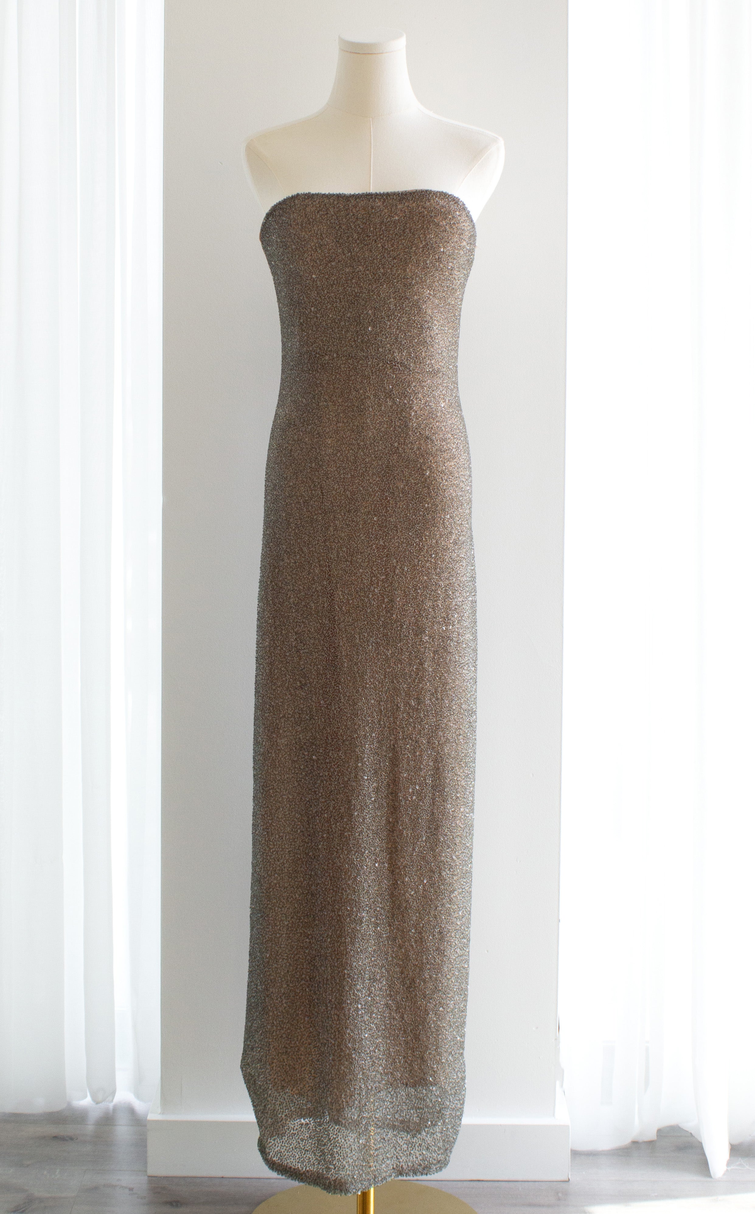 Halston Vintage F/W 1997 Crystal Sequin Beaded Silver Nude Dress Gown