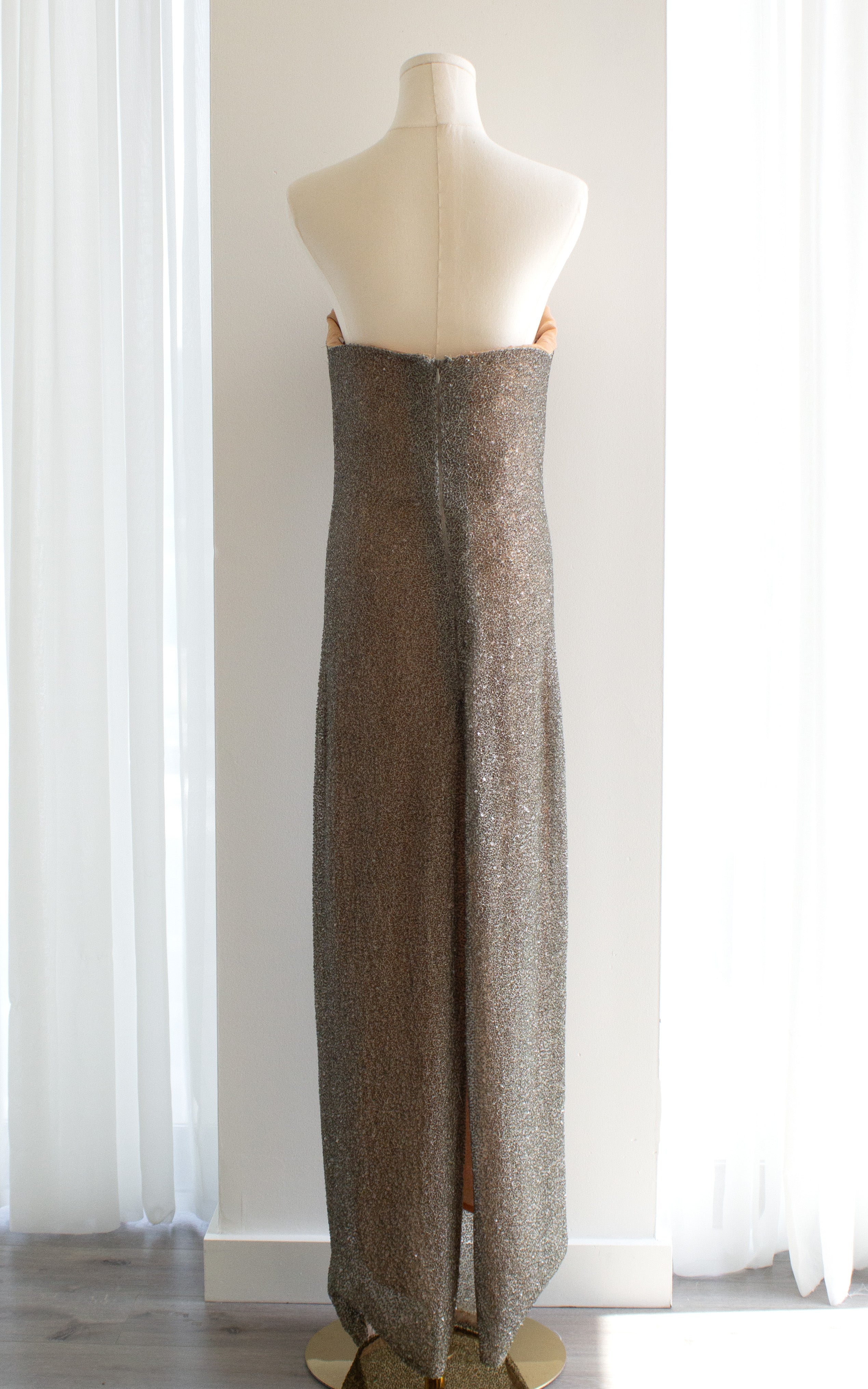 Halston Vintage F/W 1997 Crystal Sequin Beaded Silver Nude Dress Gown