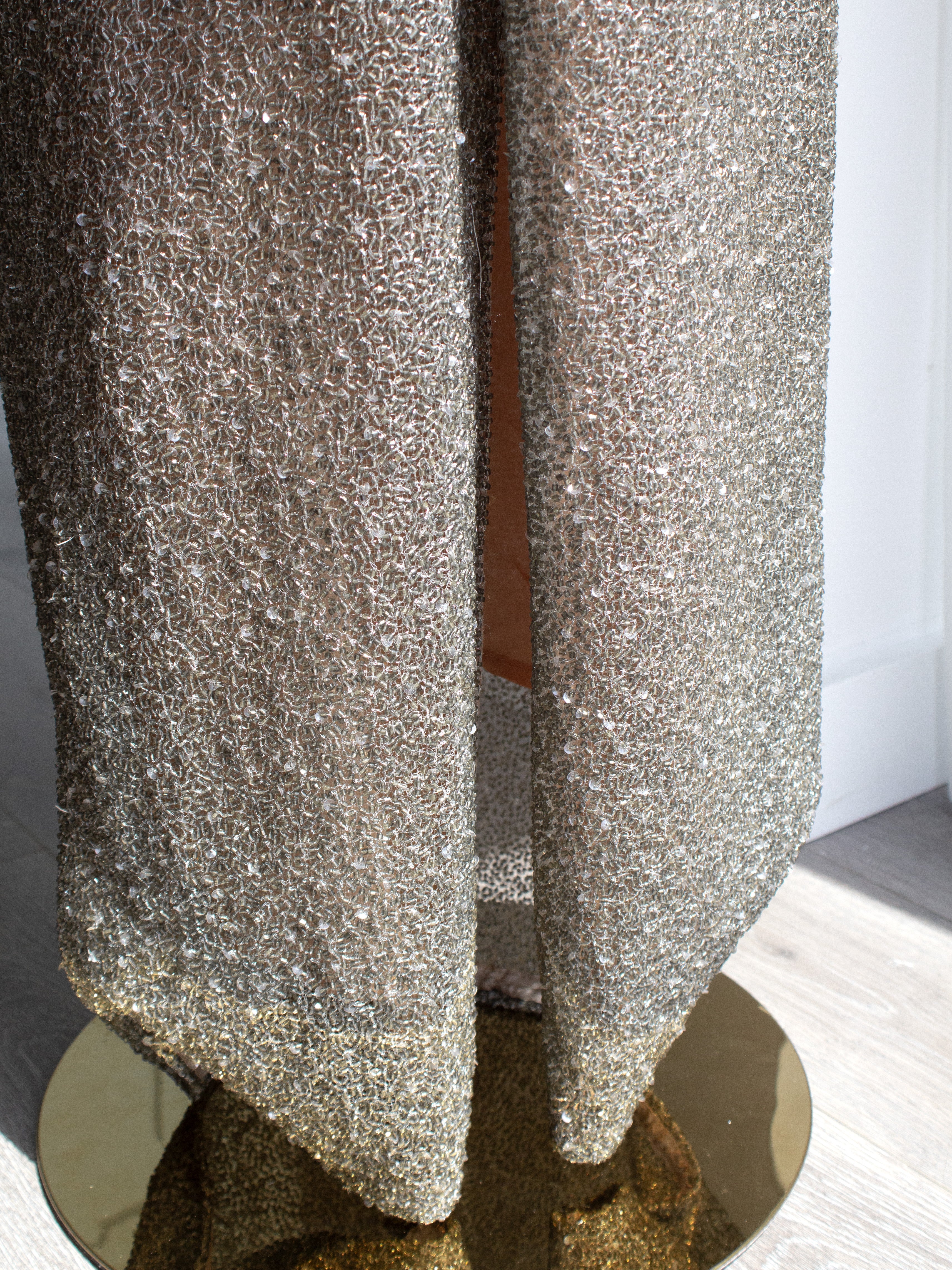 Halston Vintage F/W 1997 Crystal Sequin Beaded Silver Nude Dress Gown