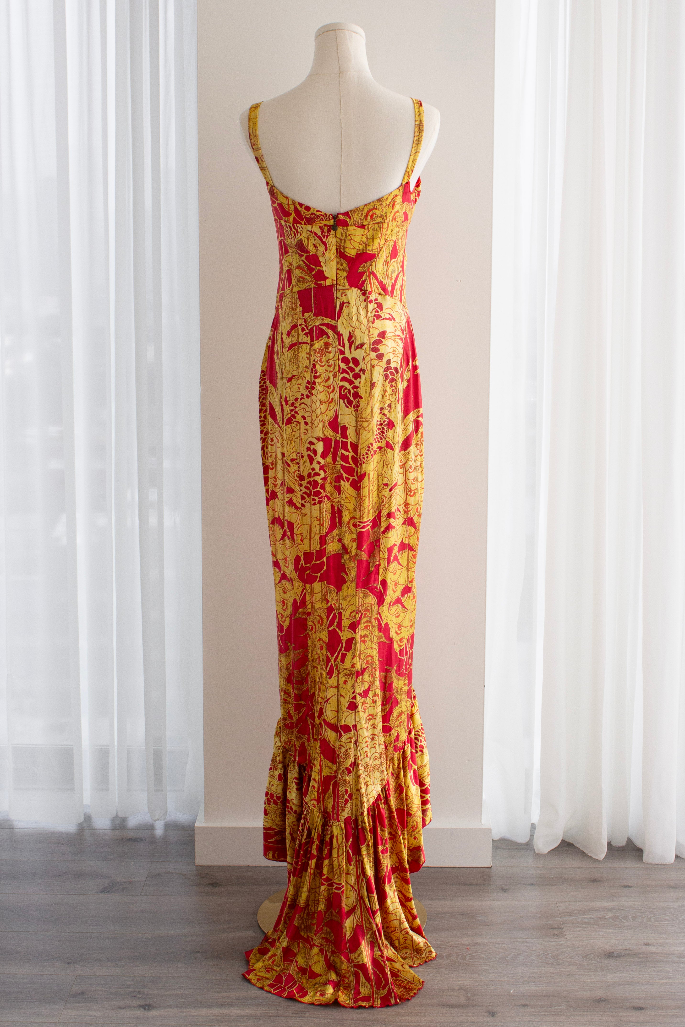 Just Cavalli Red & Gold Silk Oriental Japanese Print Maxi Dress