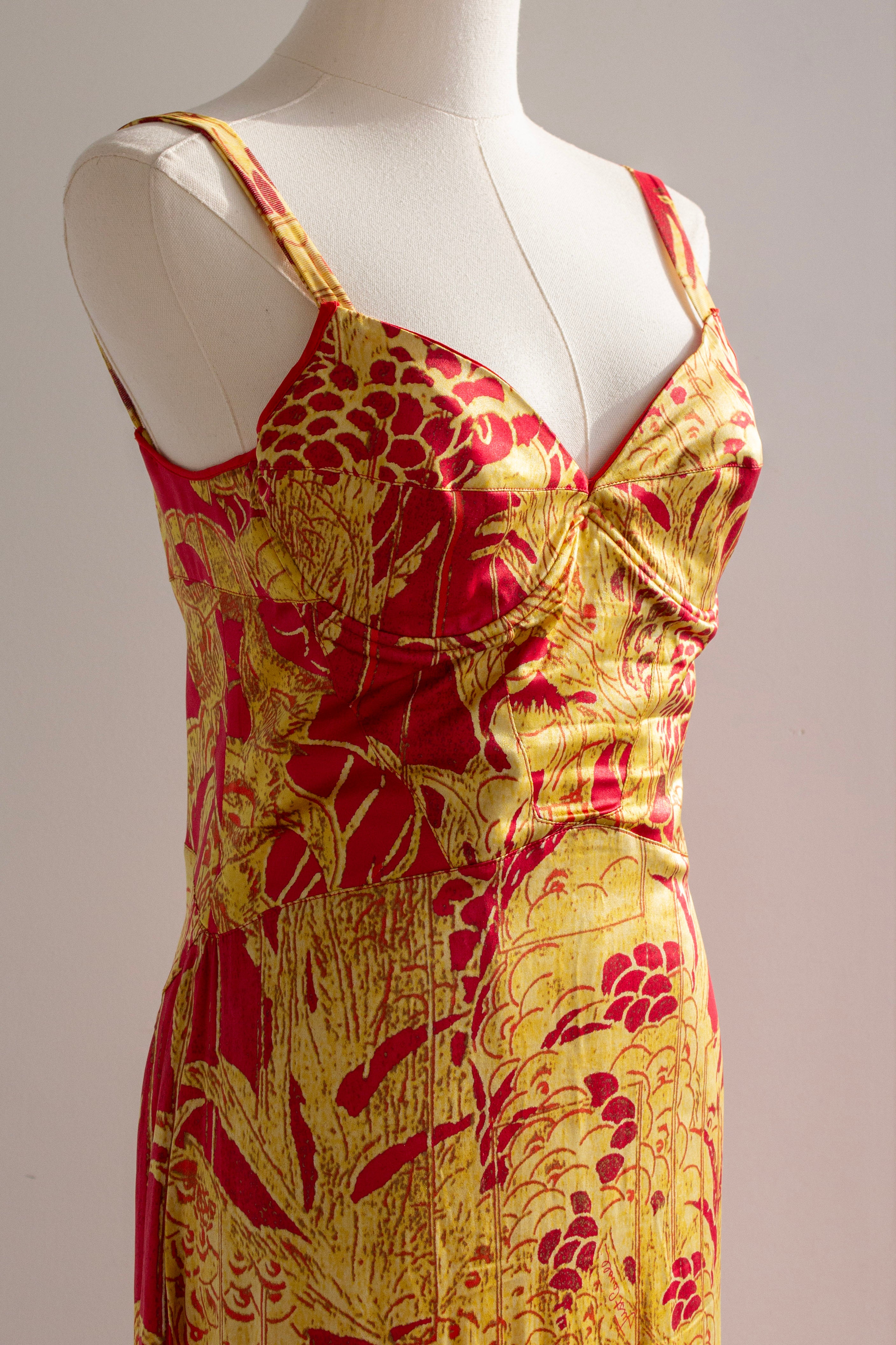 Just Cavalli Red & Gold Silk Oriental Japanese Print Maxi Dress