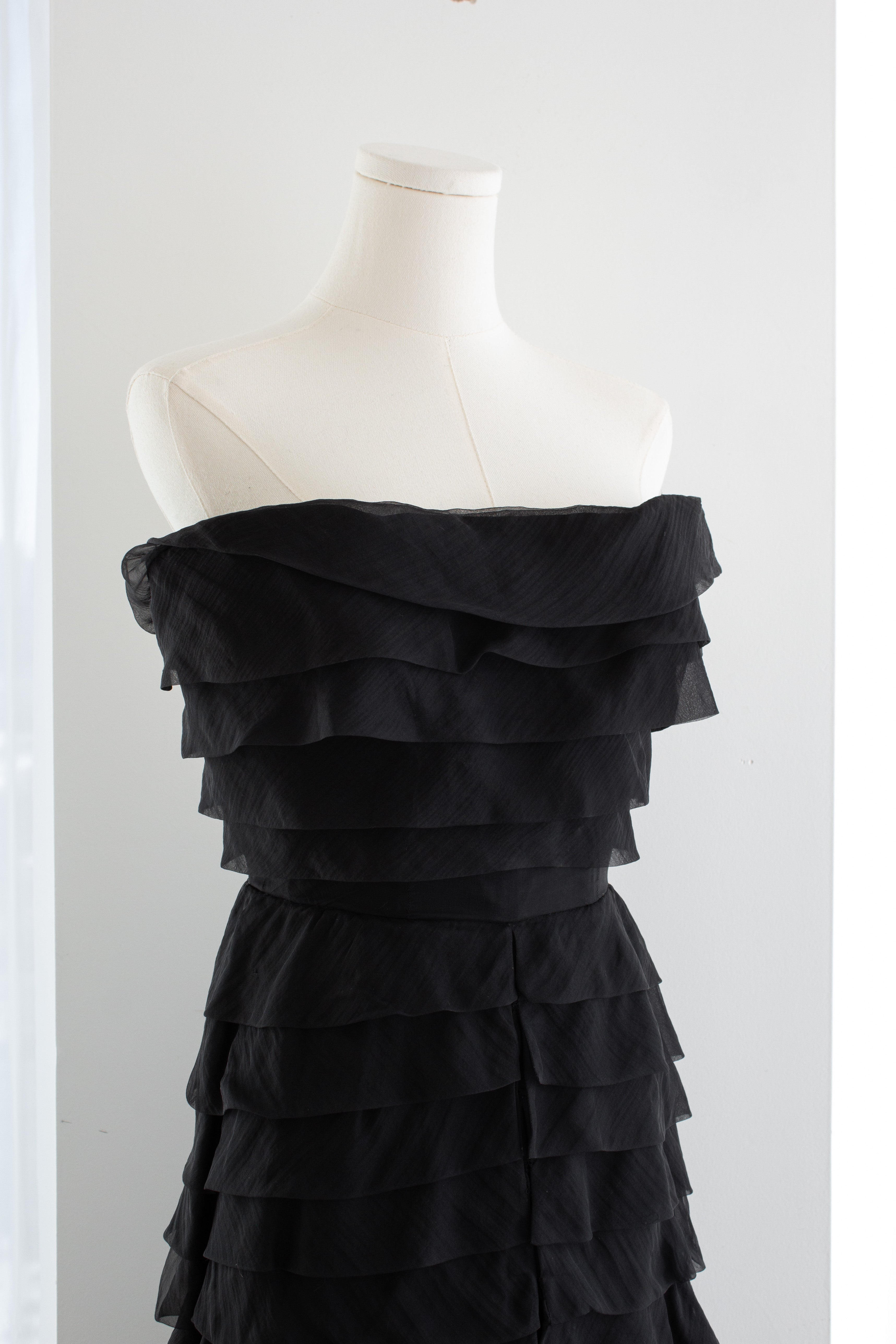Nina Ricci 1940s Haute Couture Black Tiered Ruffle Strapless Evening Dress