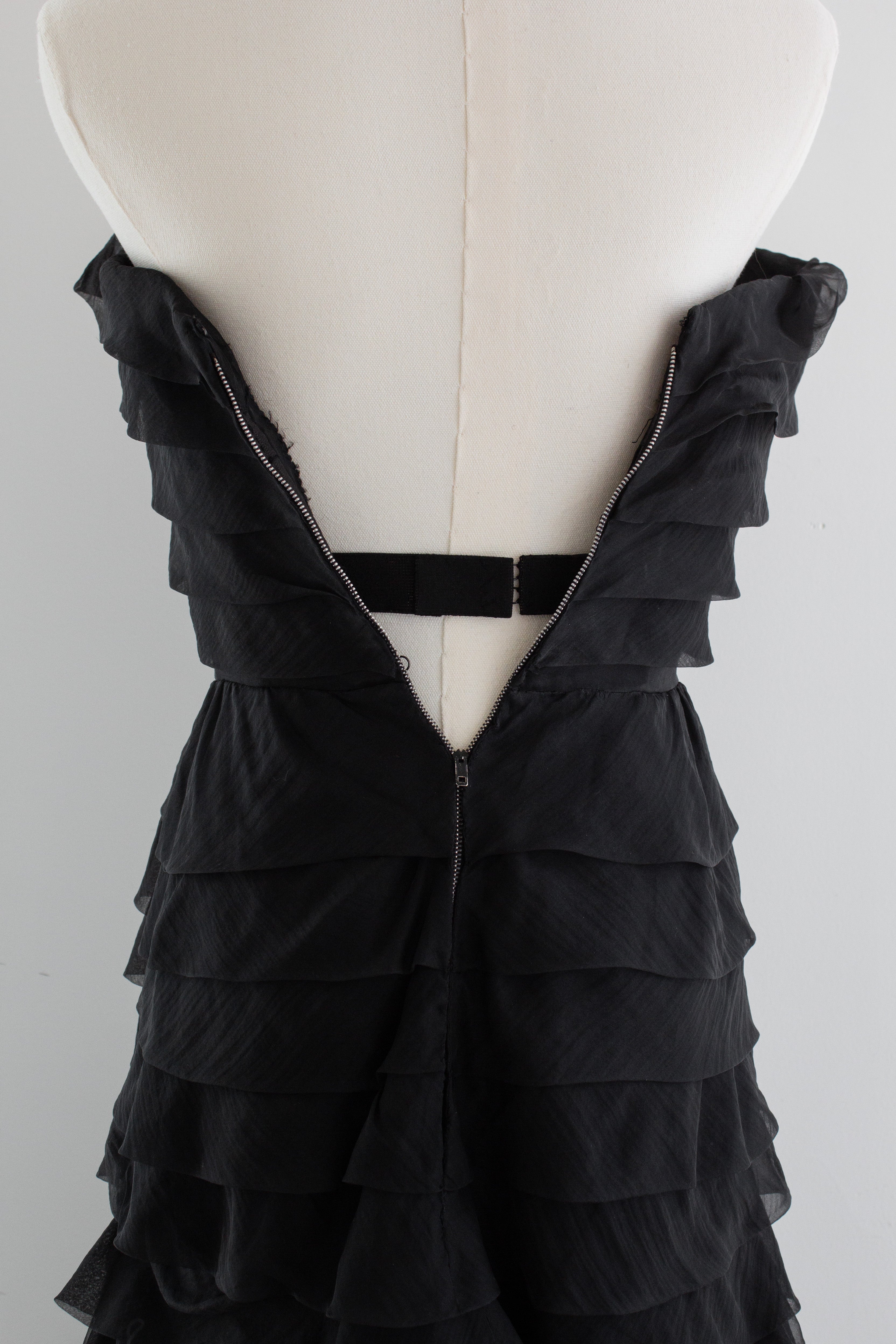 Nina Ricci 1940s Haute Couture Black Tiered Ruffle Strapless Evening Dress