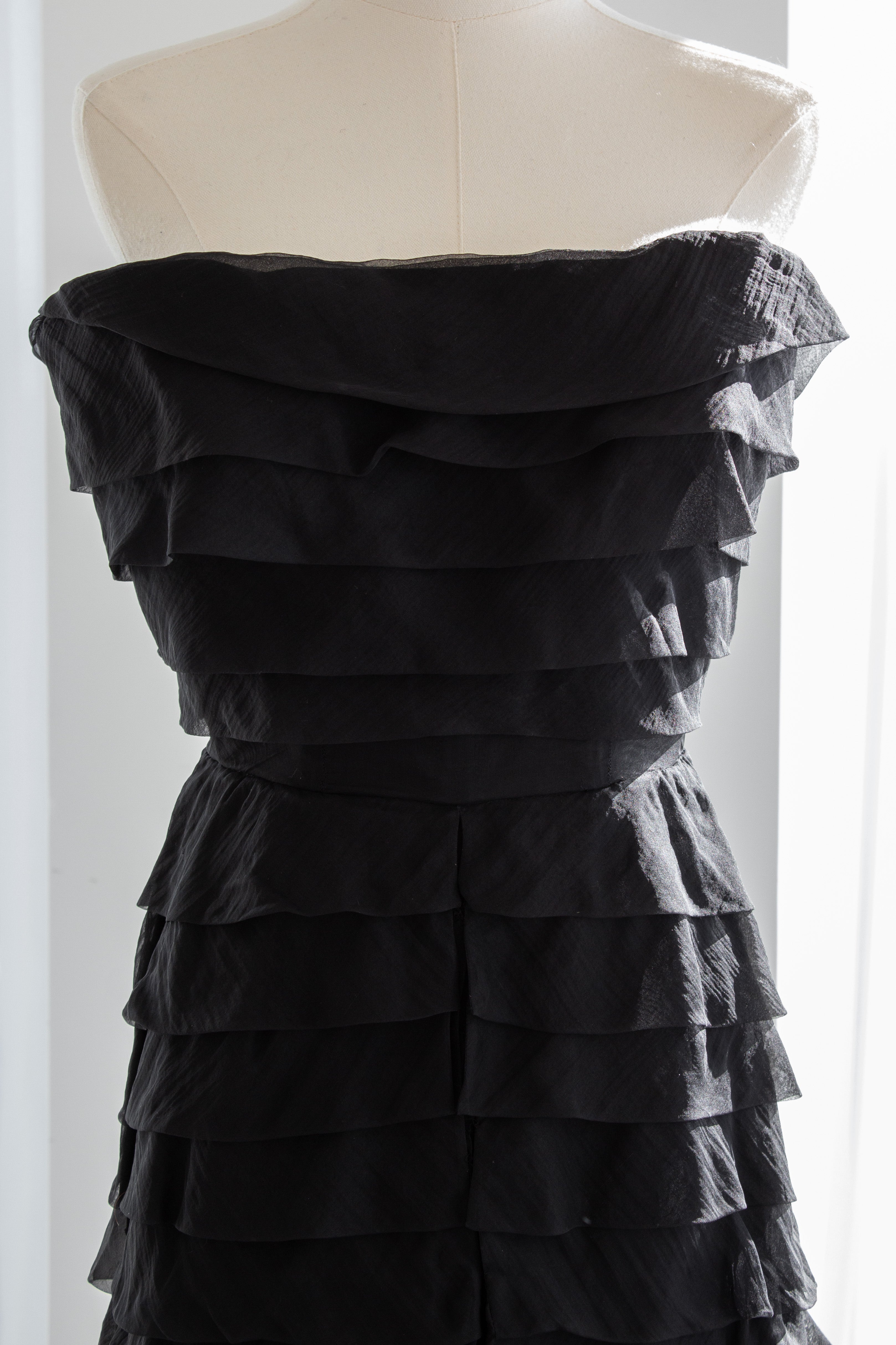 Nina Ricci 1940s Haute Couture Black Tiered Ruffle Strapless Evening Dress