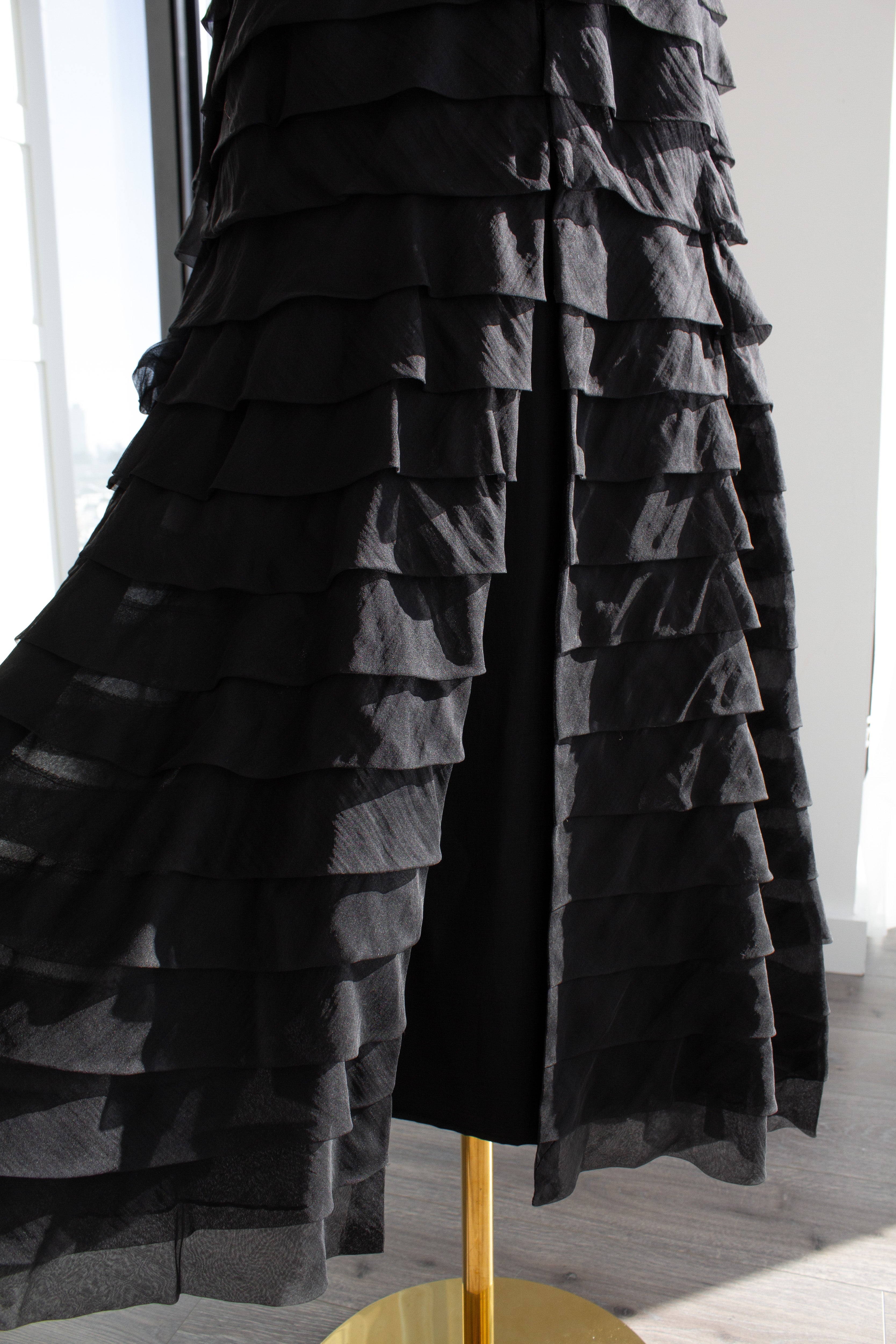Nina Ricci 1940s Haute Couture Black Tiered Ruffle Strapless Evening Dress