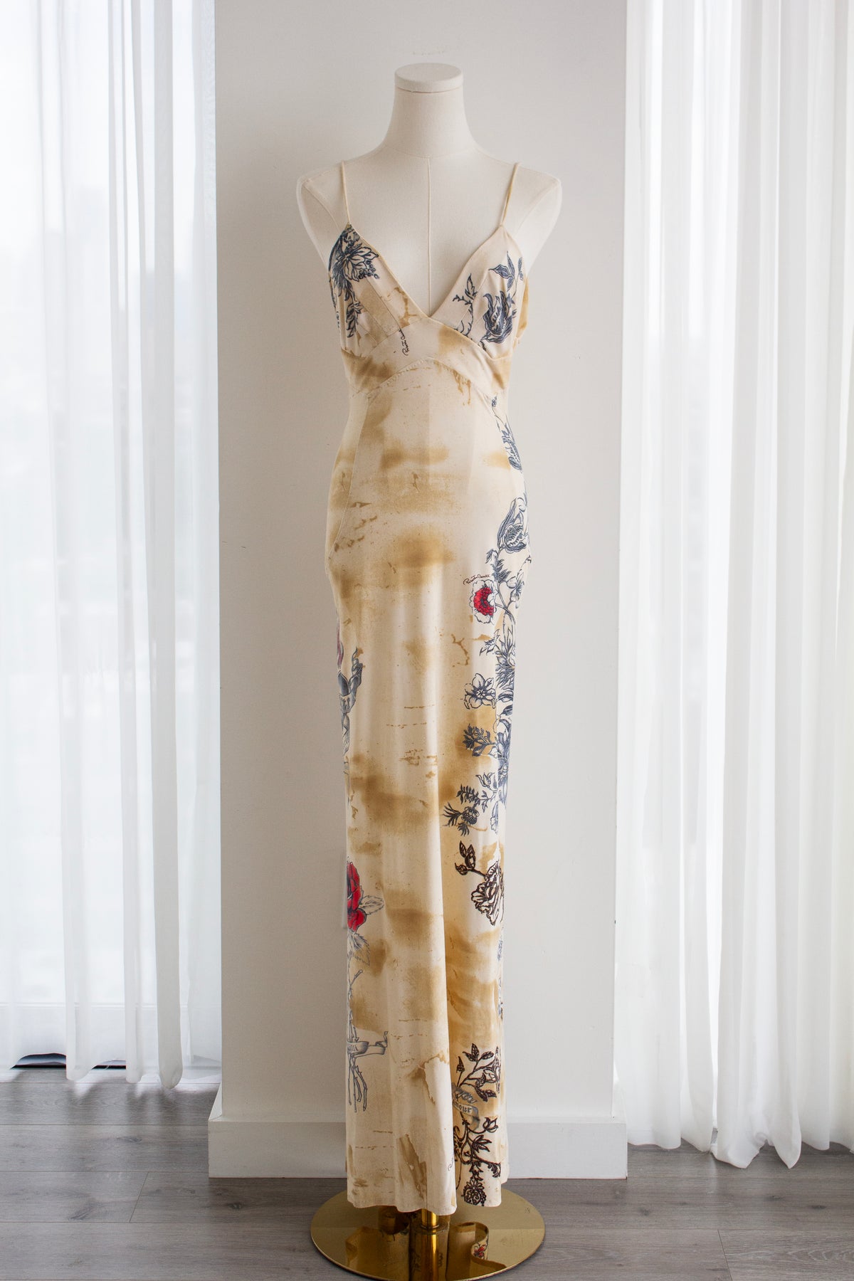 Roberto Cavalli S/S 2003 Vintage Amour and Tattoo Print Maxi Beige Dress