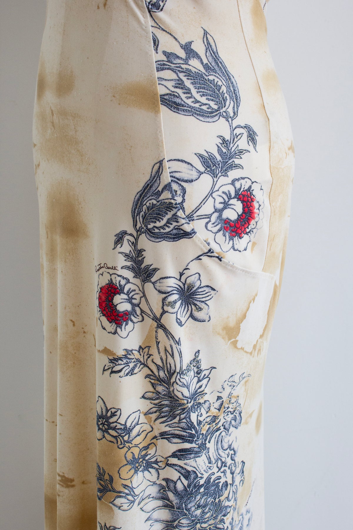 Roberto Cavalli S/S 2003 Vintage Amour and Tattoo Print Maxi Beige Dress