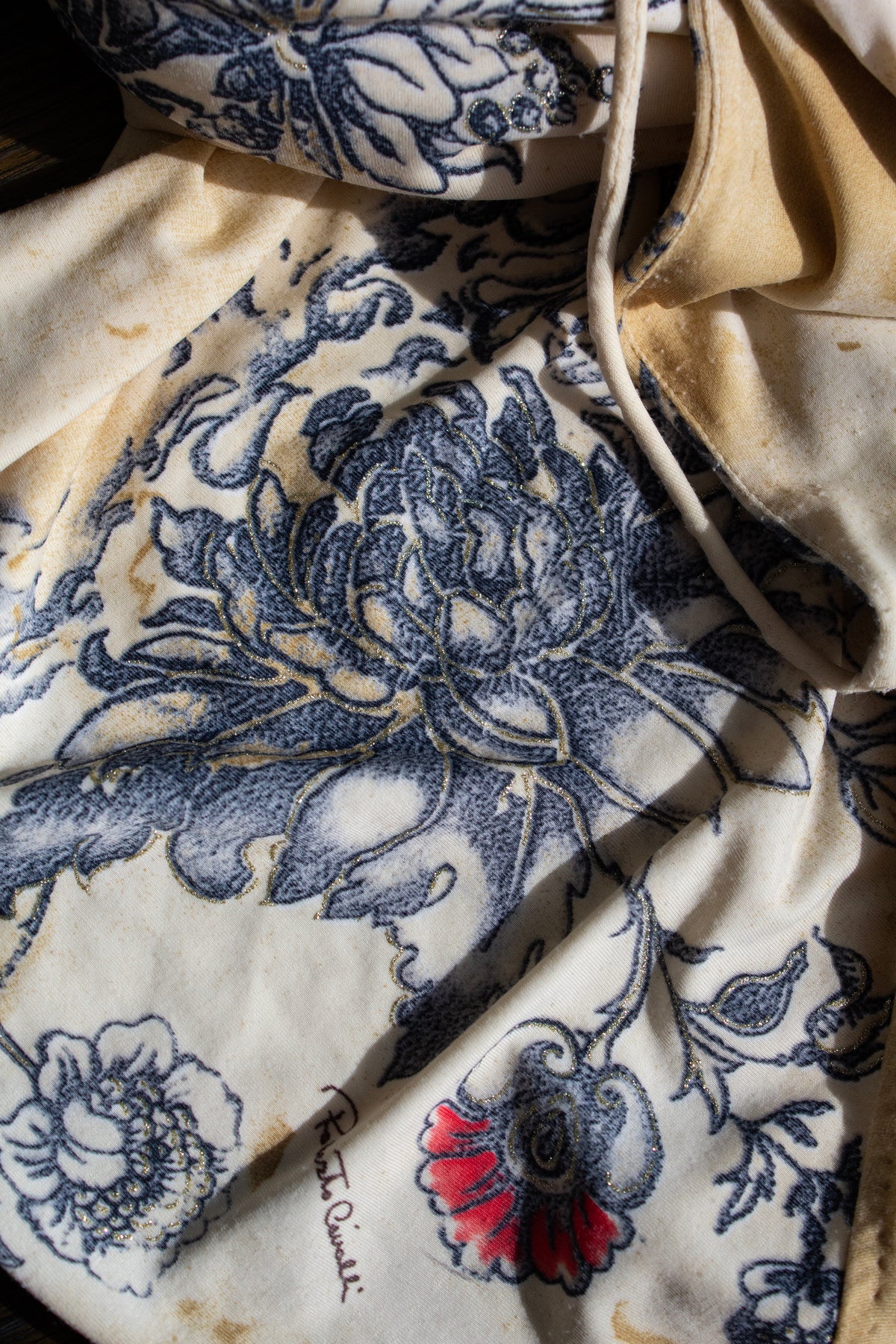 Roberto Cavalli S/S 2003 Vintage Amour and Tattoo Print Maxi Beige Dress