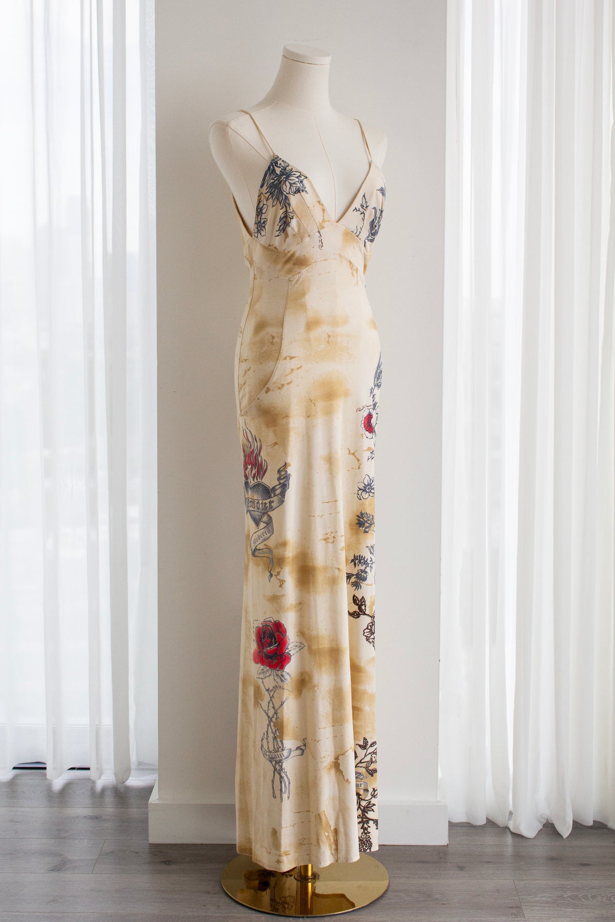 Roberto Cavalli S/S 2003 Vintage Amour and Tattoo Print Maxi Beige Dress