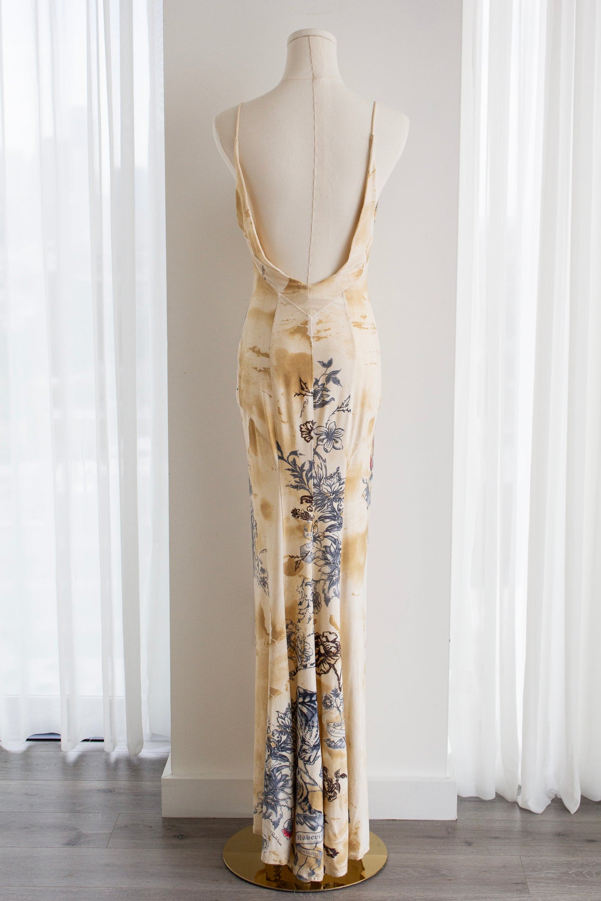 Roberto Cavalli S/S 2003 Vintage Amour and Tattoo Print Maxi Beige Dress