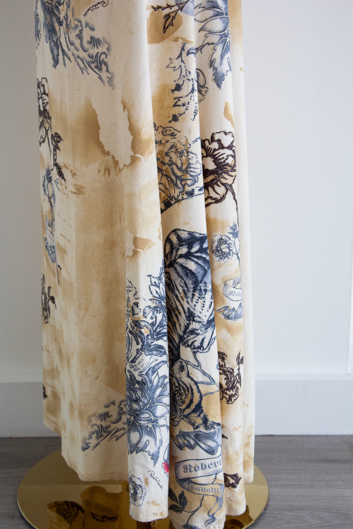 Roberto Cavalli S/S 2003 Vintage Amour and Tattoo Print Maxi Beige Dress
