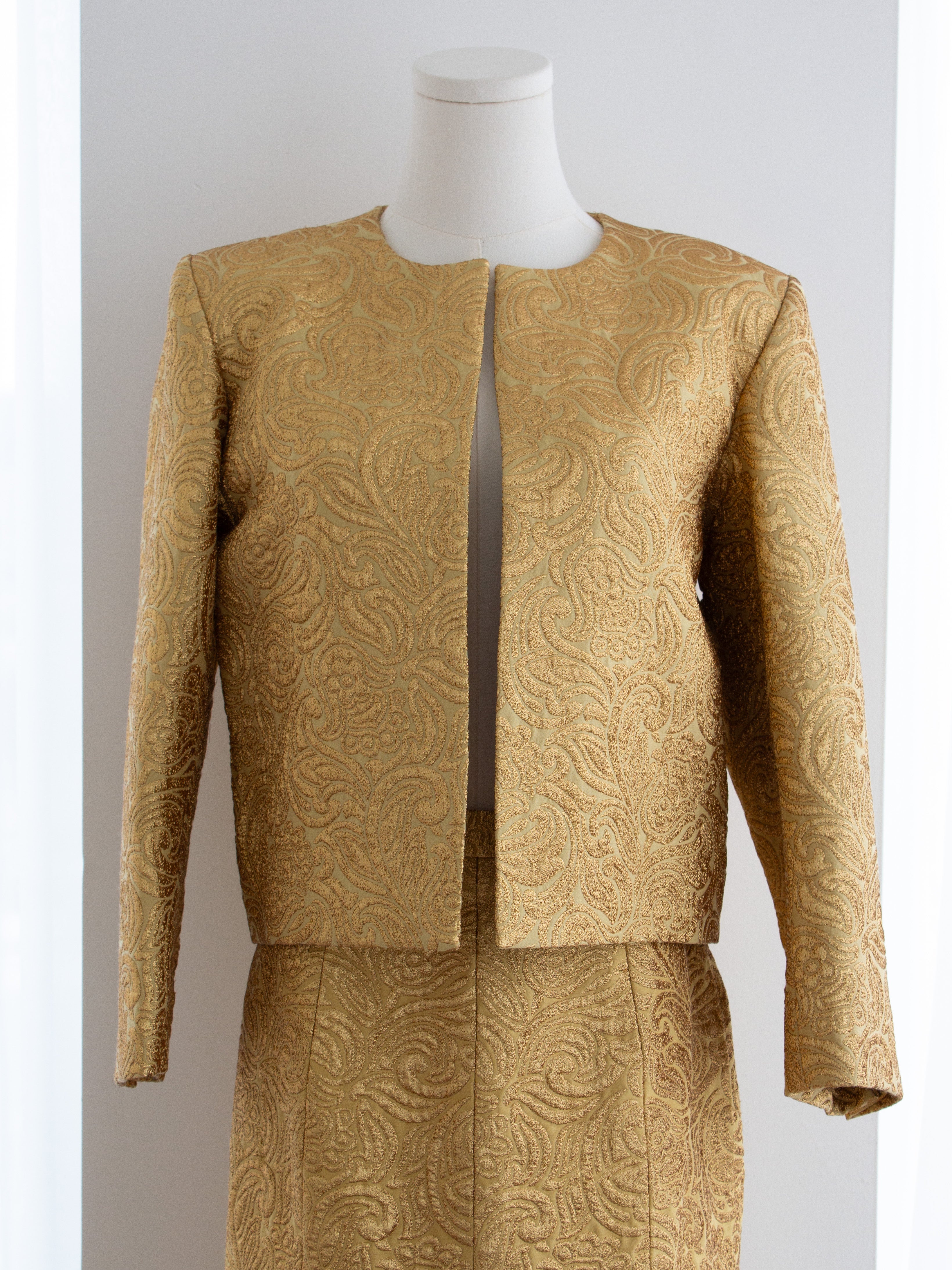 Yves Saint Laurent Rive Gauche Vintage F/W 1991 Gold Brocade Jacket Skirt Suit