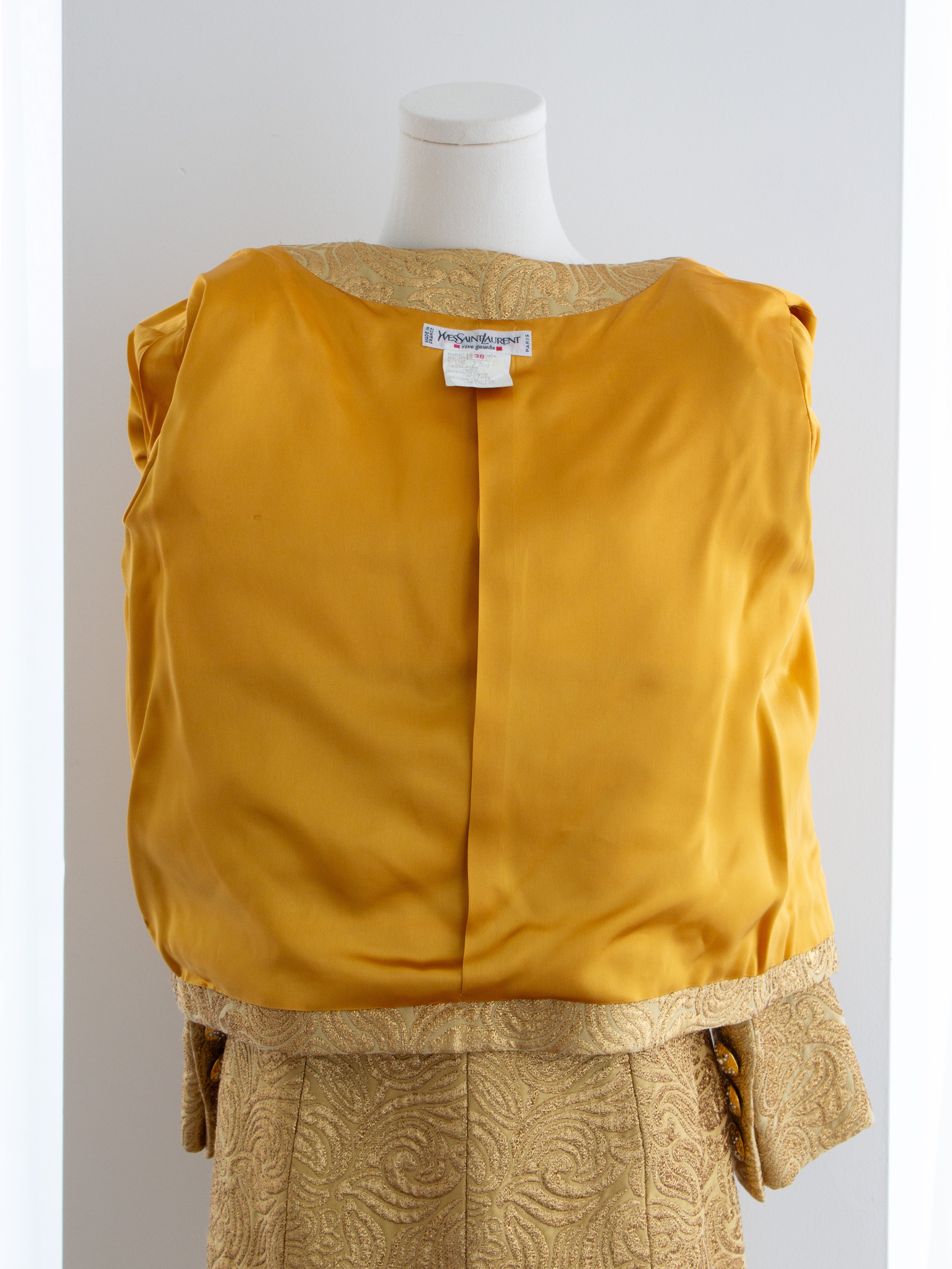 Yves Saint Laurent Rive Gauche Vintage F/W 1991 Gold Brocade Jacket Skirt Suit