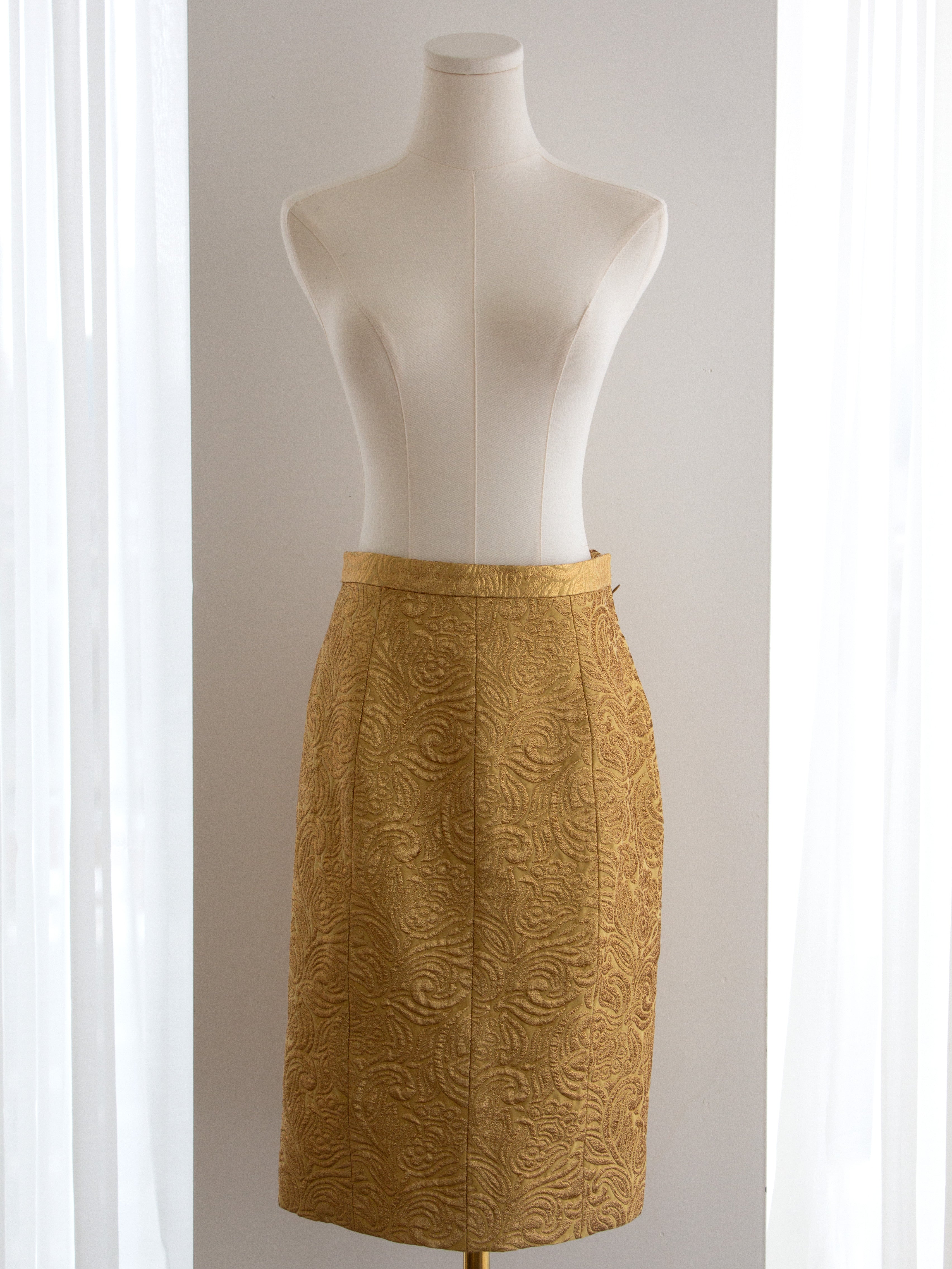 Yves Saint Laurent Rive Gauche Vintage F/W 1991 Gold Brocade Jacket Skirt Suit
