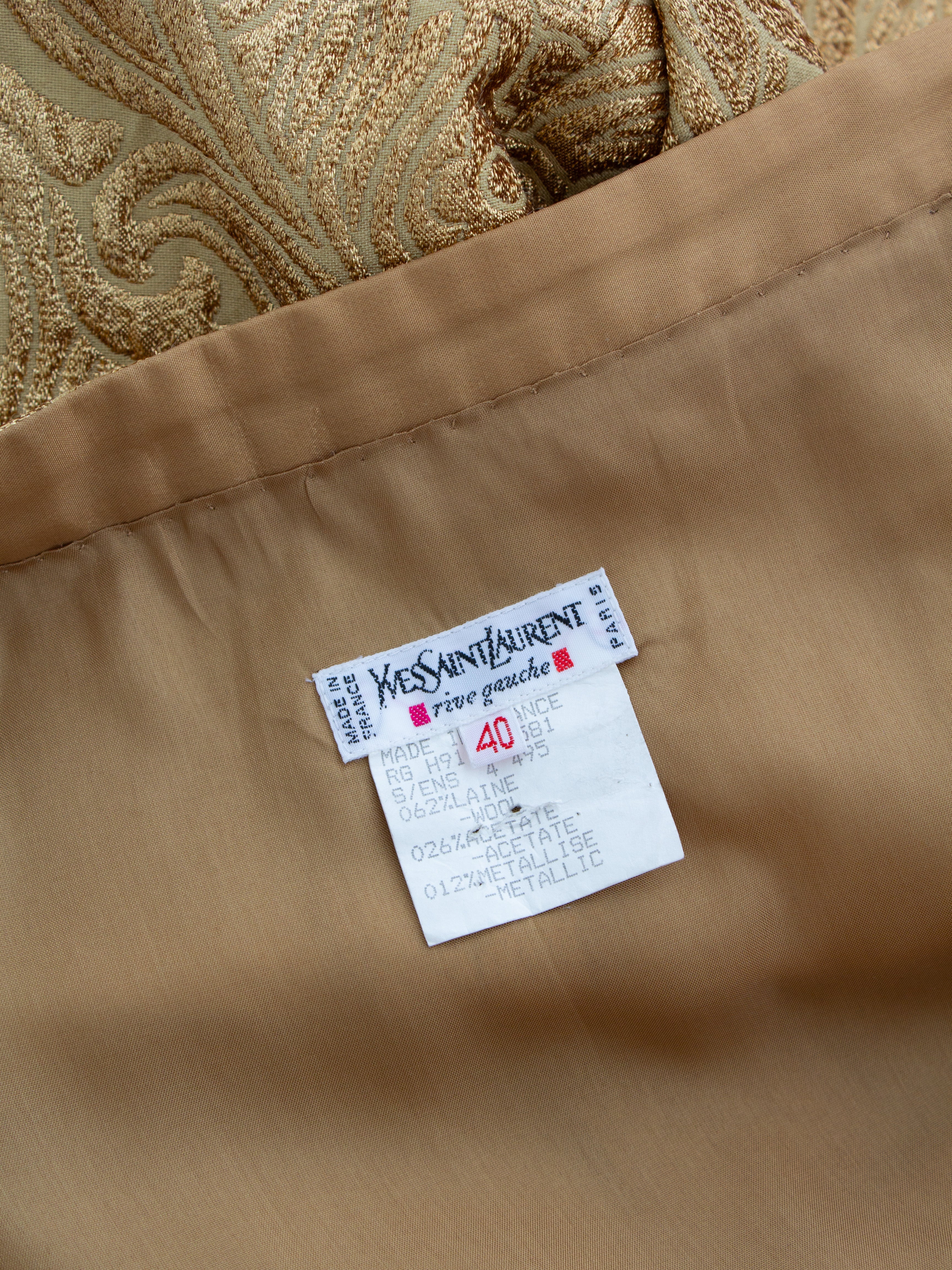 Yves Saint Laurent Rive Gauche Vintage F/W 1991 Gold Brocade Jacket Skirt Suit